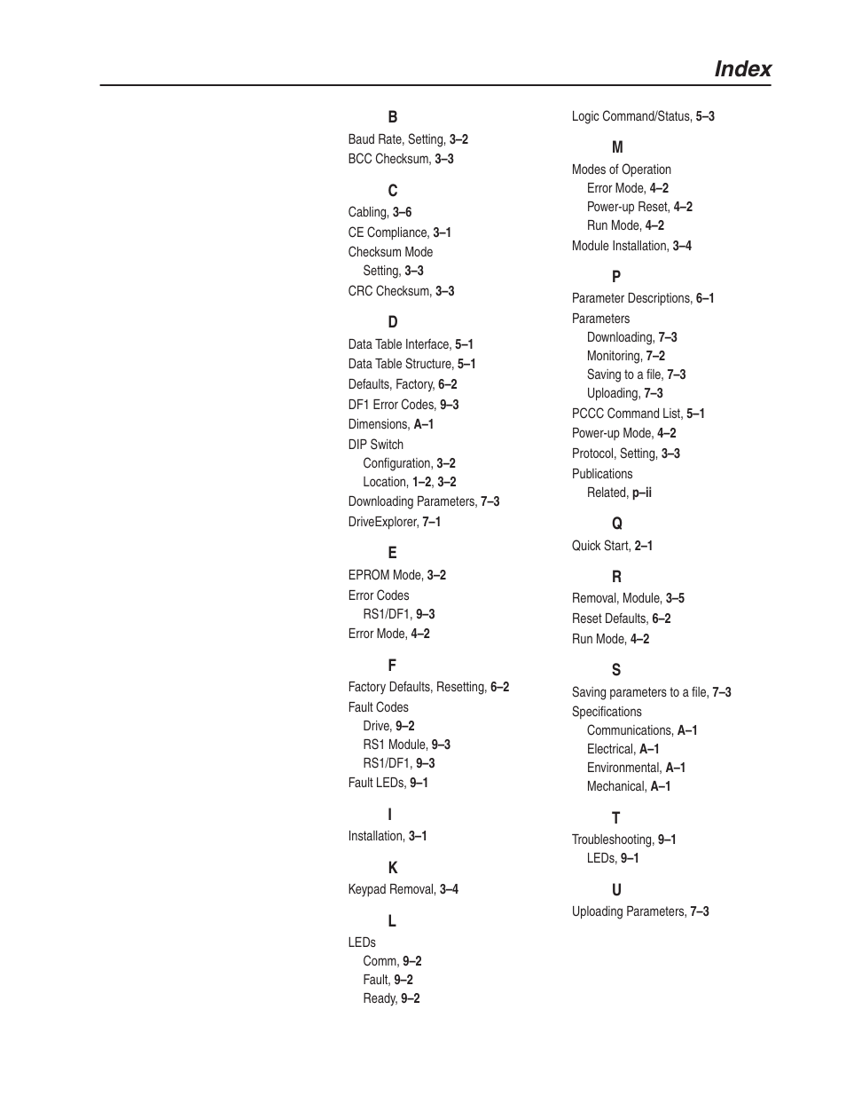 Index | Rockwell Automation 160 RSI SERIAL COMM MODULE User Manual | Page 47 / 50
