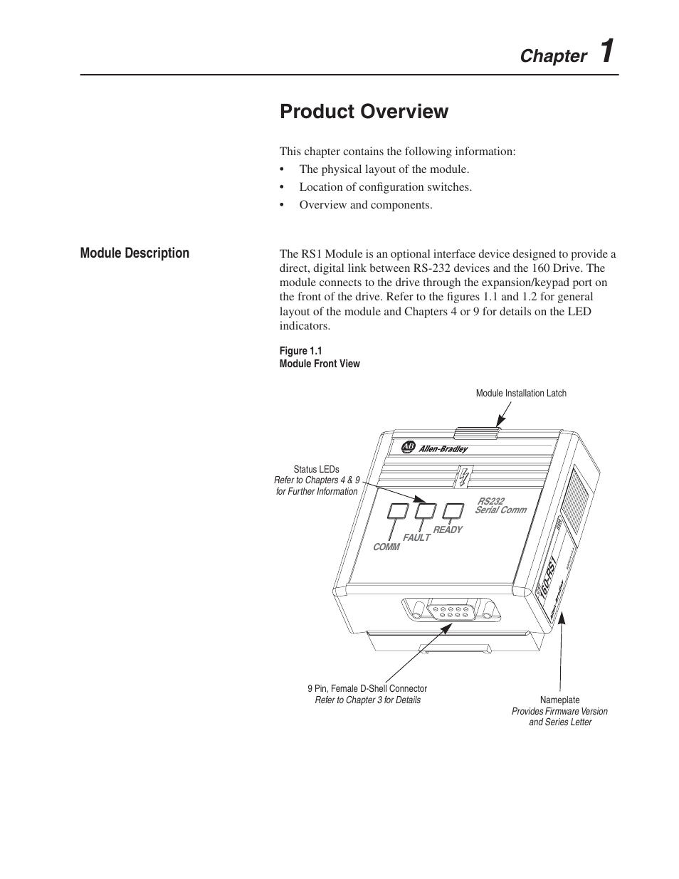 Product overview, Chapter, Module description | Rockwell Automation 160 RSI SERIAL COMM MODULE User Manual | Page 7 / 50