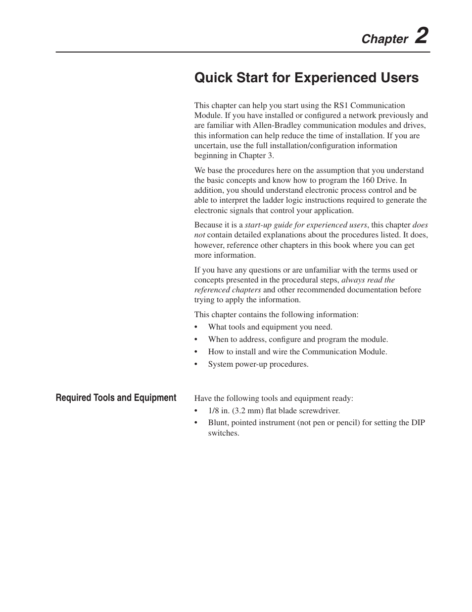 Quick start for experienced users, Chapter | Rockwell Automation 160 RSI SERIAL COMM MODULE User Manual | Page 9 / 50