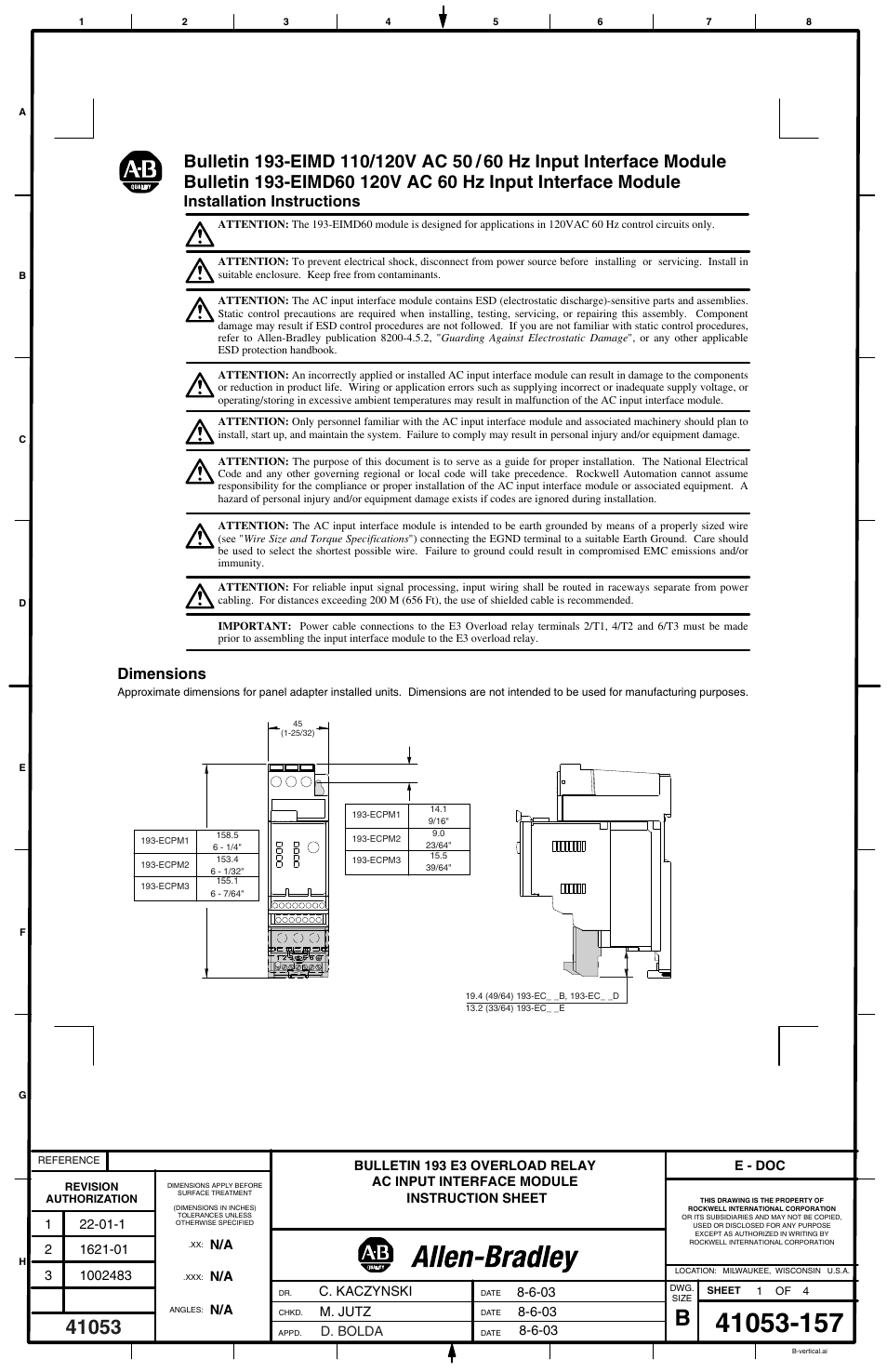 Rockwell Automation 193-EIMD60 E3 Overload Relay AC Input Interface Module User Manual | 4 pages