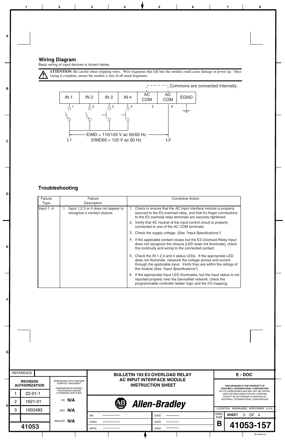 Troubleshooting, Wiring diagram | Rockwell Automation 193-EIMD60 E3 Overload Relay AC Input Interface Module User Manual | Page 3 / 4