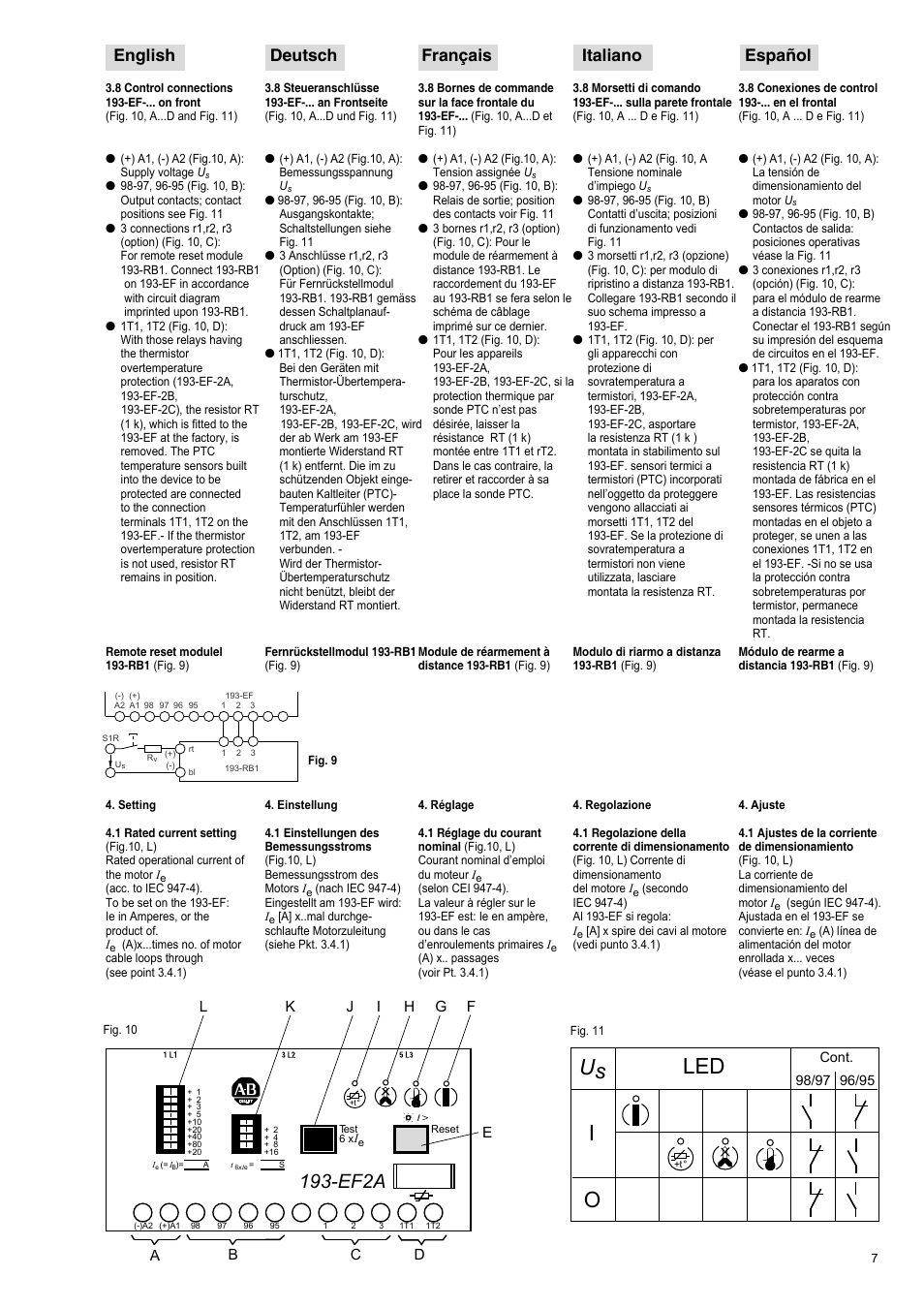 Led us, Ef2a, English deutsch français italiano español | Rockwell Automation 193-EF Electronic Motor Protection Relay User Manual | Page 7 / 16