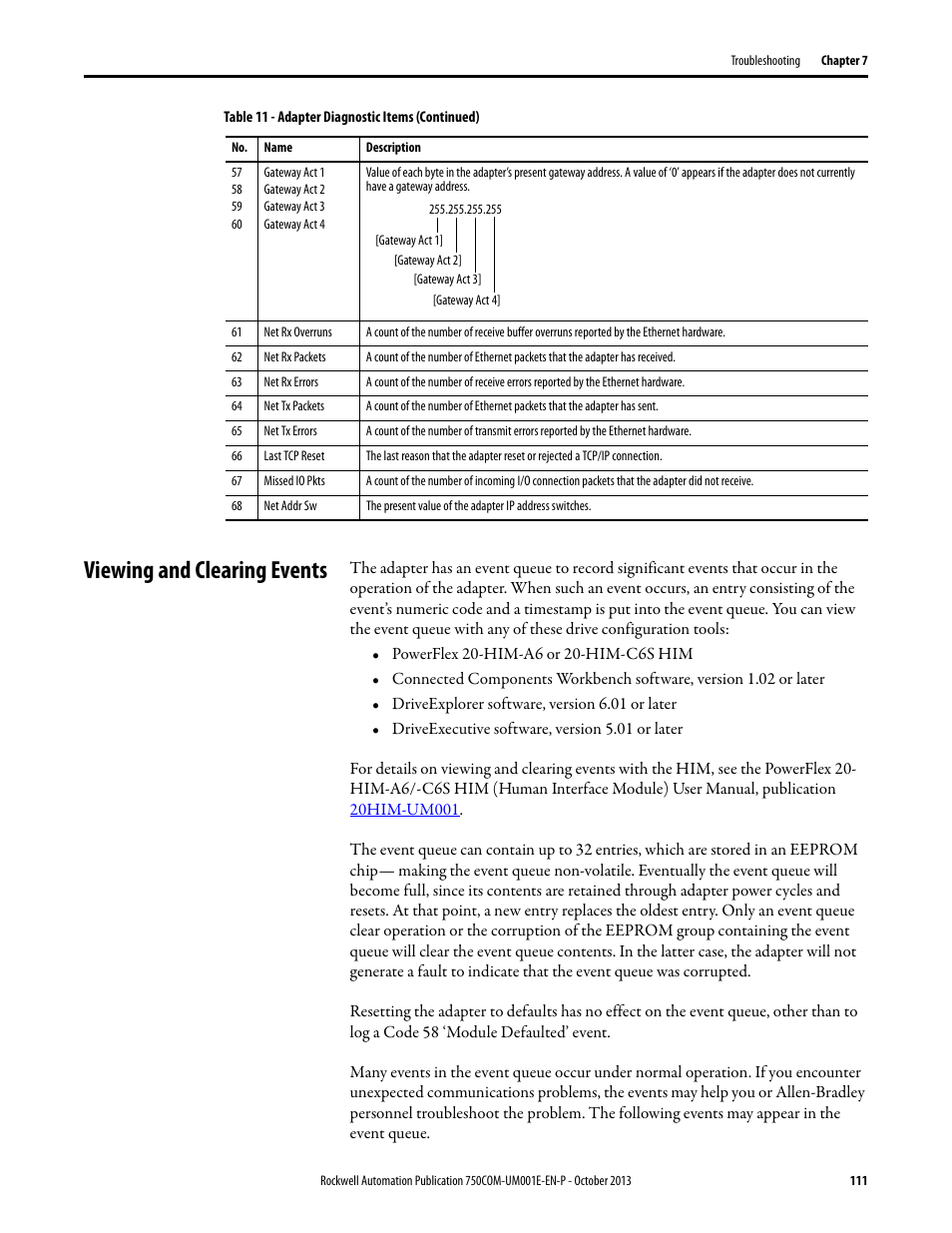 Viewing and clearing events | Rockwell Automation 20G PowerFlex 755 Drive Embedded EtherNet/IP Adapter User Manual | Page 111 / 190