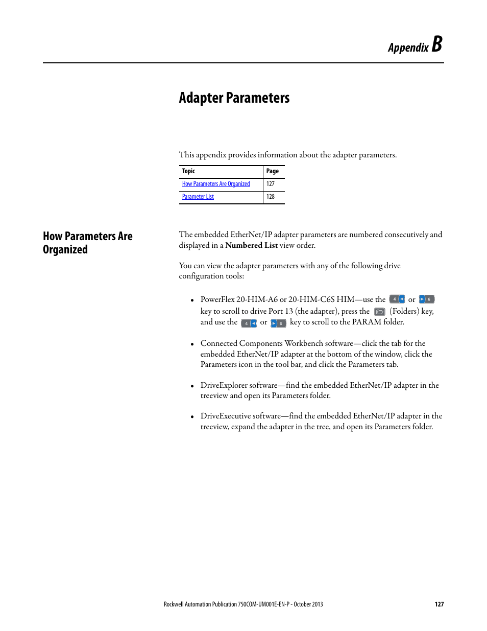 Appendix b, Adapter parameters, How parameters are organized | Rockwell Automation 20G PowerFlex 755 Drive Embedded EtherNet/IP Adapter User Manual | Page 127 / 190