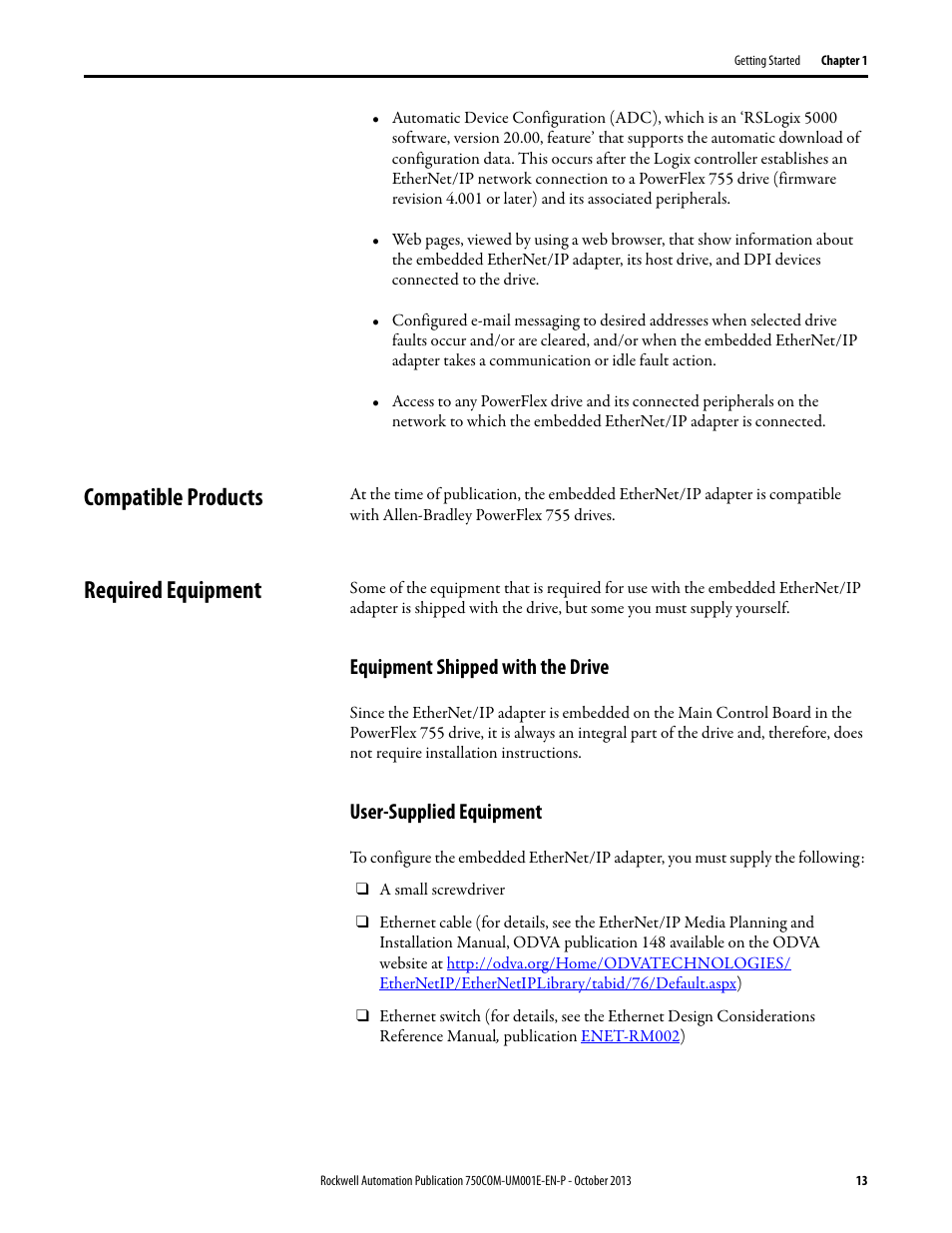 Compatible products, Required equipment, Equipment shipped with the drive | User-supplied equipment, Compatible products required equipment | Rockwell Automation 20G PowerFlex 755 Drive Embedded EtherNet/IP Adapter User Manual | Page 13 / 190