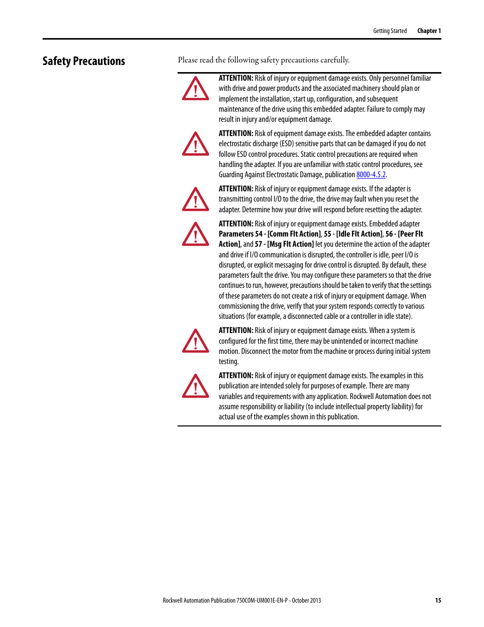 Safety precautions | Rockwell Automation 20G PowerFlex 755 Drive Embedded EtherNet/IP Adapter User Manual | Page 15 / 190