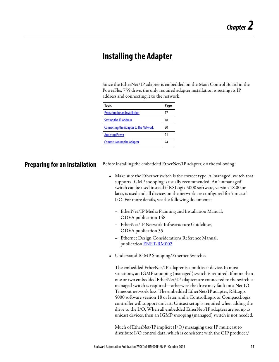 Chapter 2, Installing the adapter, Preparing for an installation | Rockwell Automation 20G PowerFlex 755 Drive Embedded EtherNet/IP Adapter User Manual | Page 17 / 190