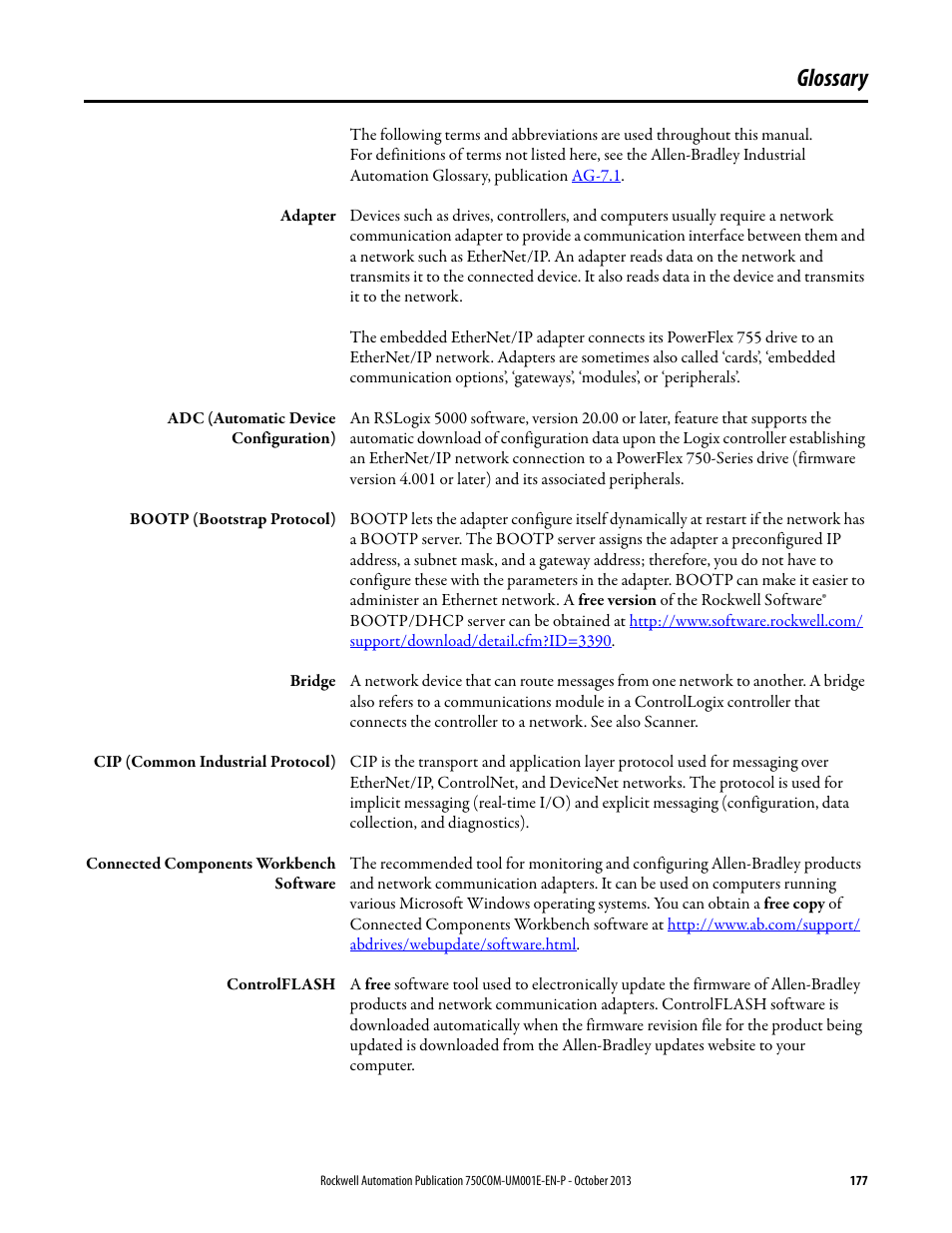 Glossary | Rockwell Automation 20G PowerFlex 755 Drive Embedded EtherNet/IP Adapter User Manual | Page 177 / 190