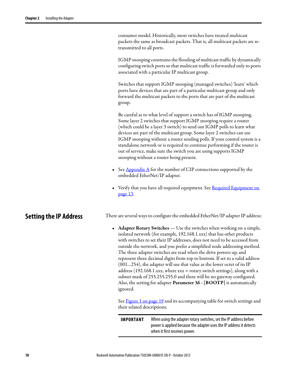 Setting the ip address, Setting the ip | Rockwell Automation 20G PowerFlex 755 Drive Embedded EtherNet/IP Adapter User Manual | Page 18 / 190