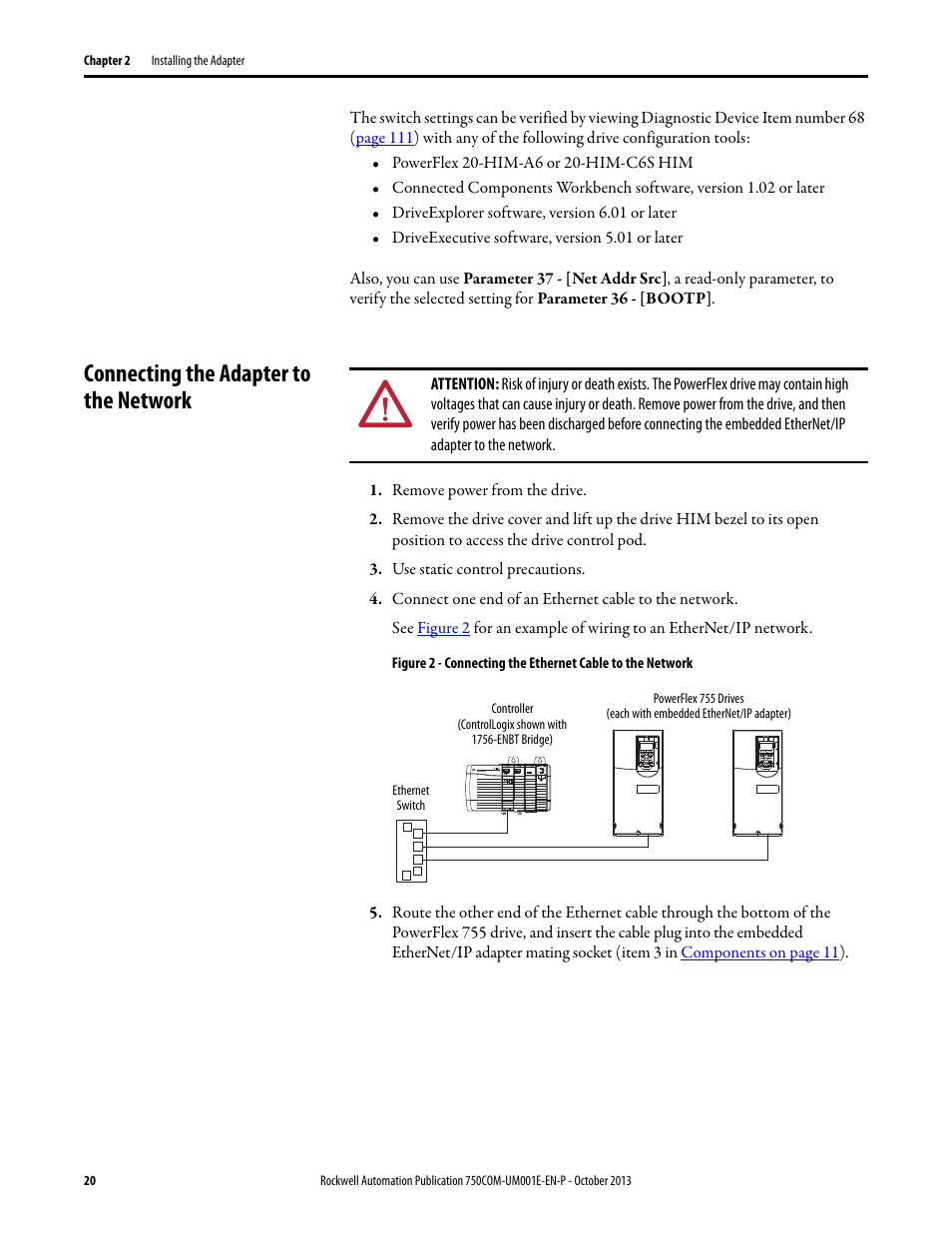 Connecting the adapter to the network | Rockwell Automation 20G PowerFlex 755 Drive Embedded EtherNet/IP Adapter User Manual | Page 20 / 190