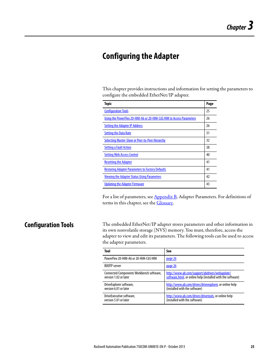 Chapter 3, Configuring the adapter, Configuration tools | Rockwell Automation 20G PowerFlex 755 Drive Embedded EtherNet/IP Adapter User Manual | Page 25 / 190