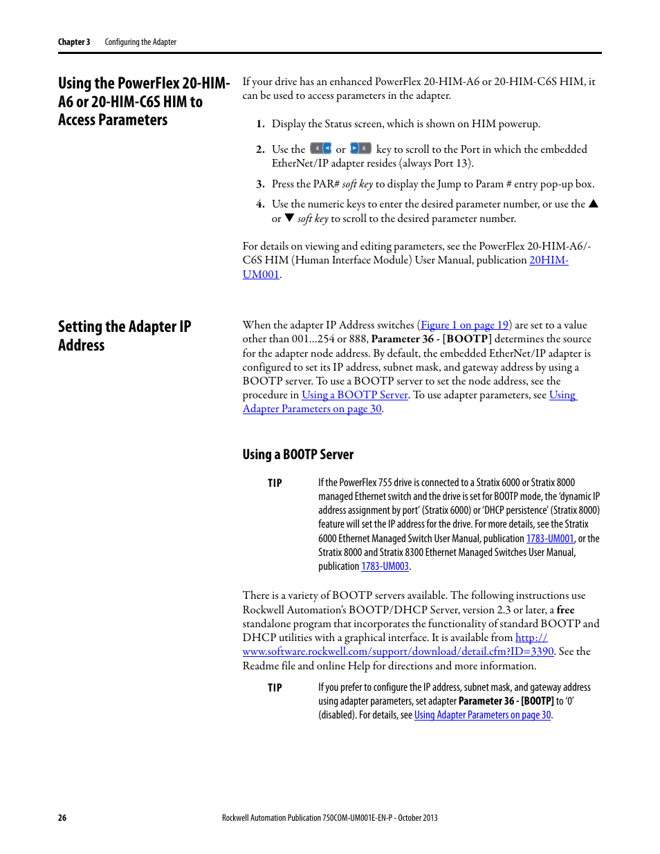 Setting the adapter ip address, Using a bootp server, Parameters | Rockwell Automation 20G PowerFlex 755 Drive Embedded EtherNet/IP Adapter User Manual | Page 26 / 190