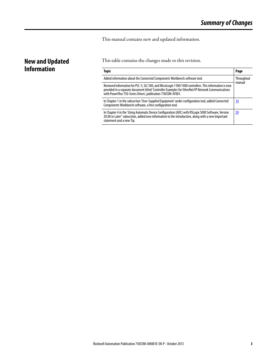 Summary of changes, New and updated information | Rockwell Automation 20G PowerFlex 755 Drive Embedded EtherNet/IP Adapter User Manual | Page 3 / 190