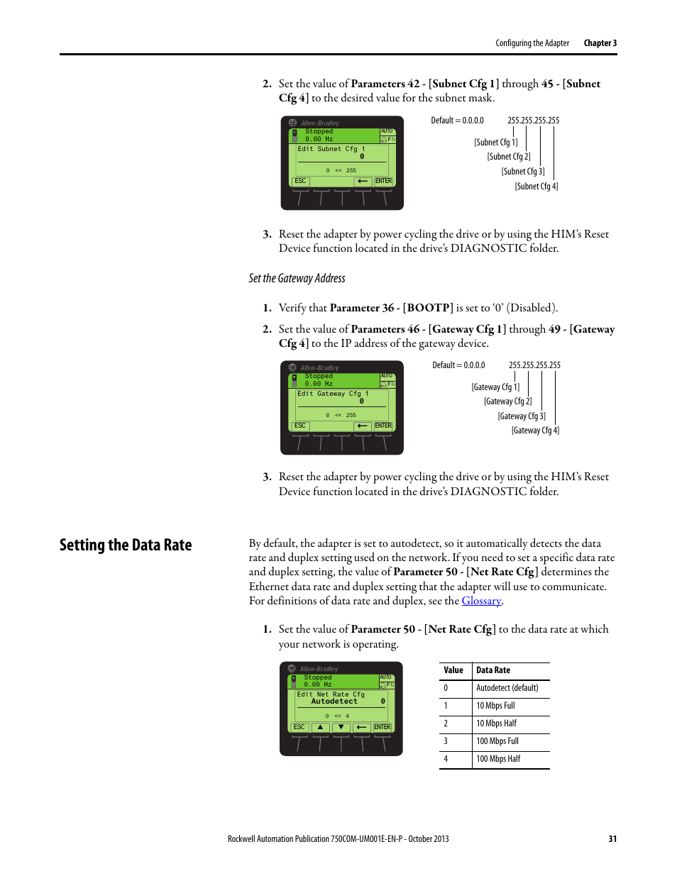Setting the data rate | Rockwell Automation 20G PowerFlex 755 Drive Embedded EtherNet/IP Adapter User Manual | Page 31 / 190