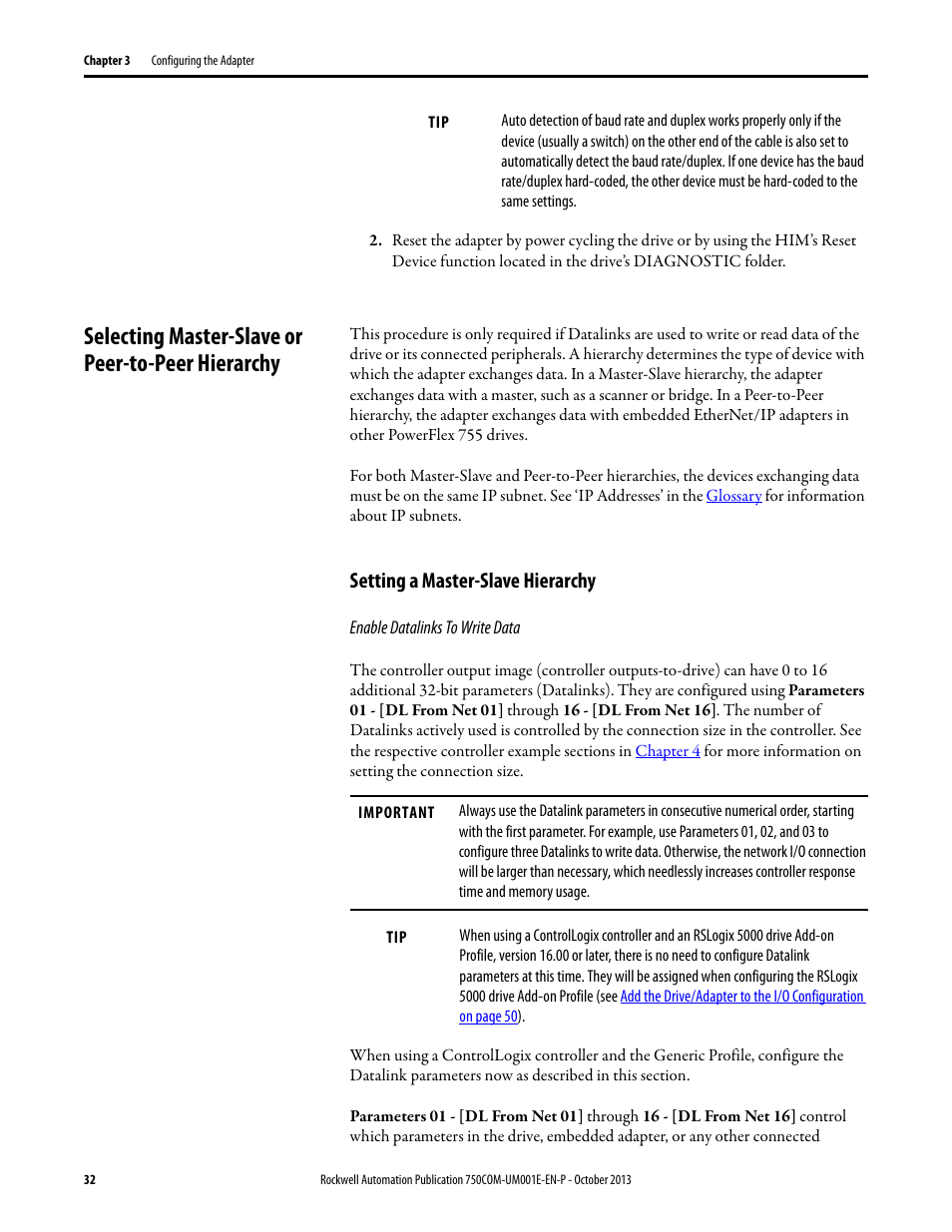 Selecting master-slave or peer-to-peer hierarchy, Setting a master-slave hierarchy | Rockwell Automation 20G PowerFlex 755 Drive Embedded EtherNet/IP Adapter User Manual | Page 32 / 190