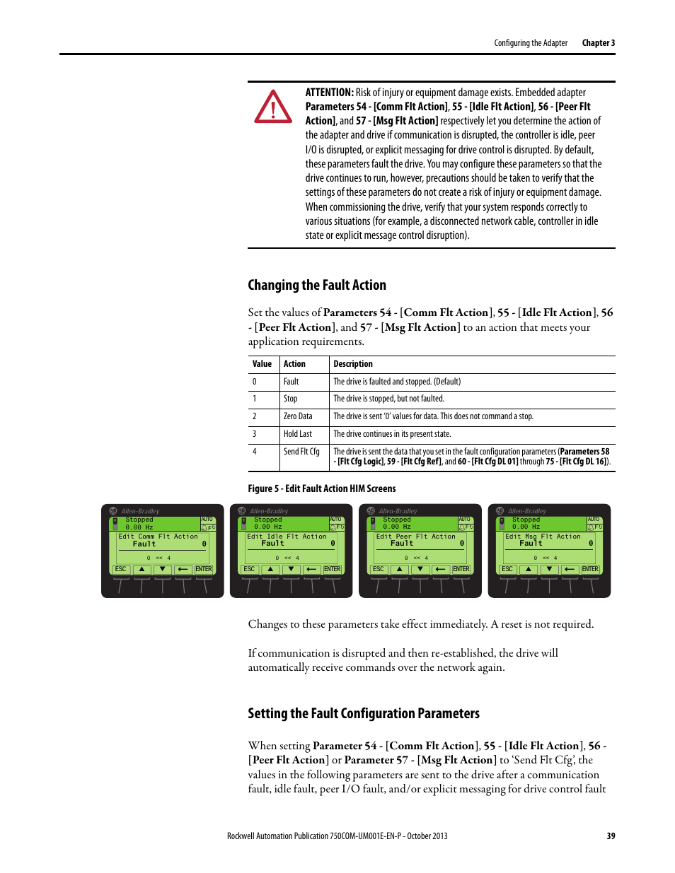 Changing the fault action, Setting the fault configuration parameters | Rockwell Automation 20G PowerFlex 755 Drive Embedded EtherNet/IP Adapter User Manual | Page 39 / 190