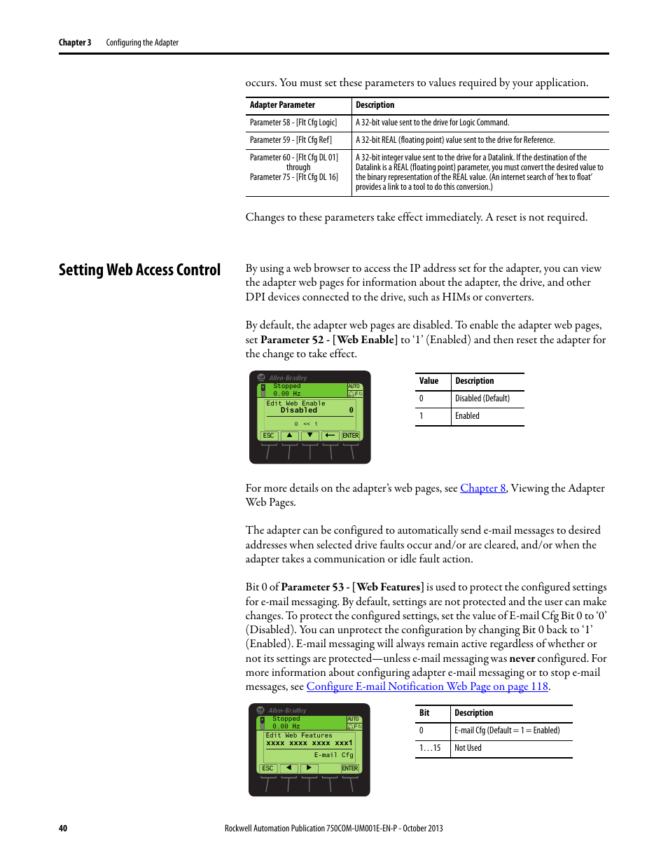 Setting web access control | Rockwell Automation 20G PowerFlex 755 Drive Embedded EtherNet/IP Adapter User Manual | Page 40 / 190