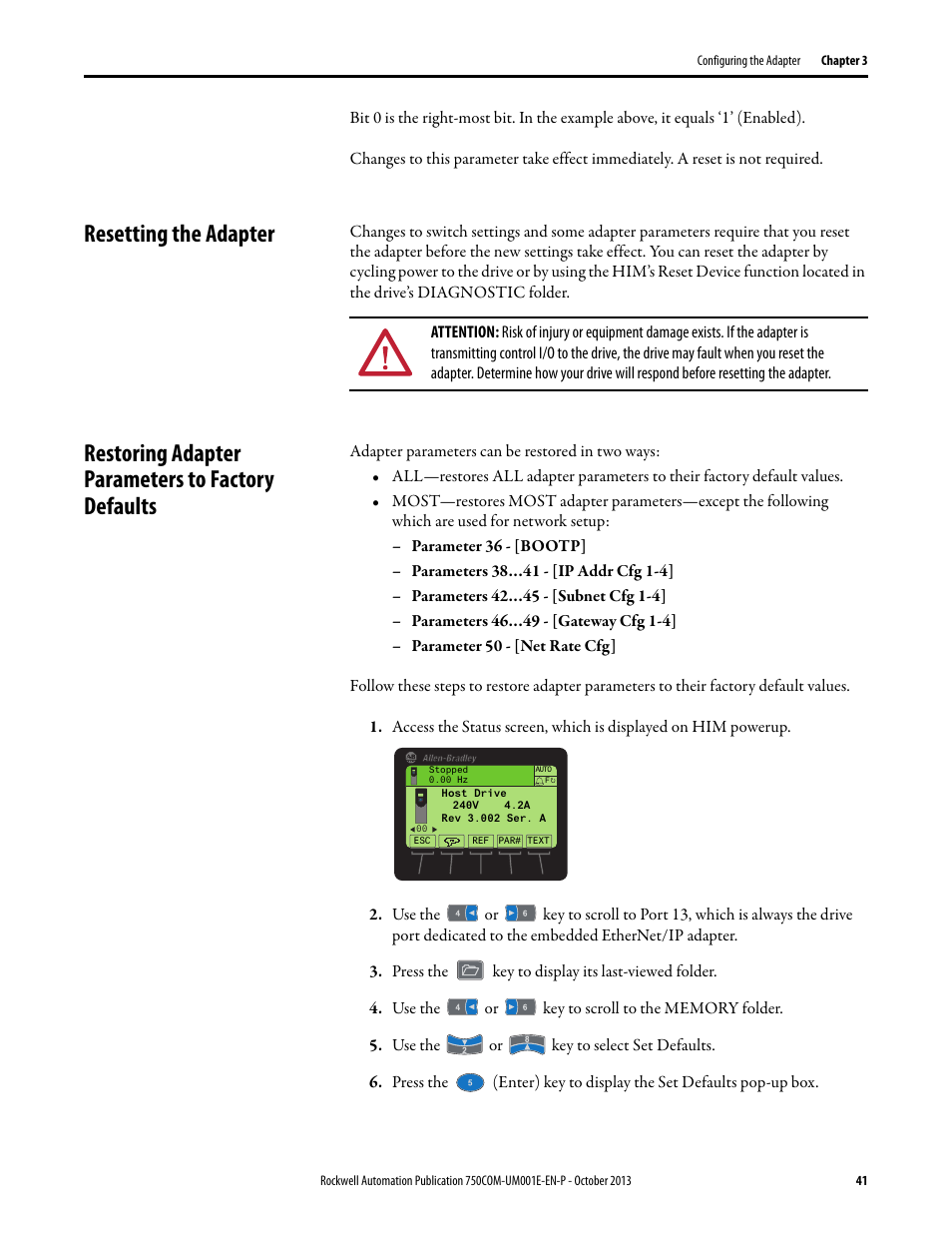 Resetting the adapter, Restoring adapter parameters to factory defaults | Rockwell Automation 20G PowerFlex 755 Drive Embedded EtherNet/IP Adapter User Manual | Page 41 / 190