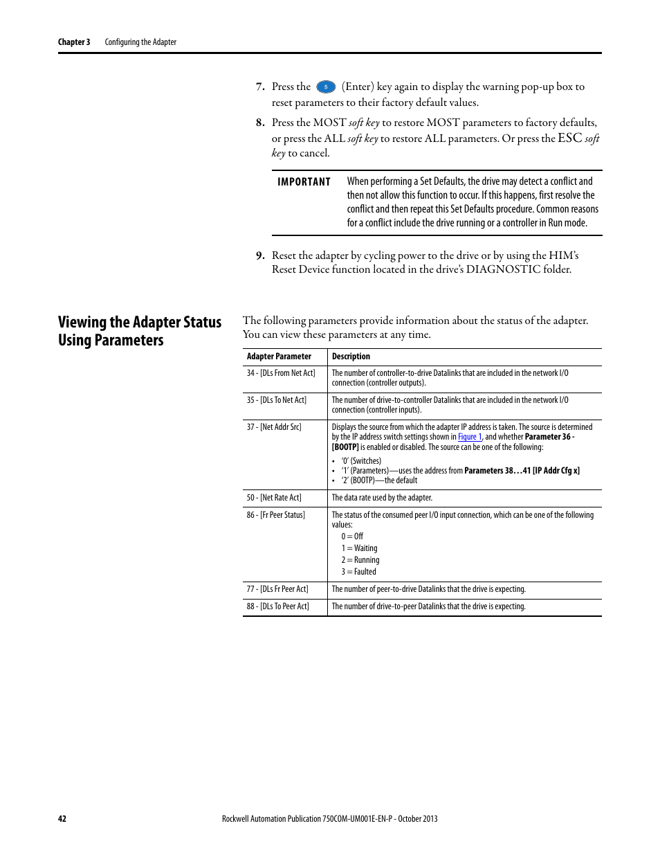 Viewing the adapter status using parameters | Rockwell Automation 20G PowerFlex 755 Drive Embedded EtherNet/IP Adapter User Manual | Page 42 / 190