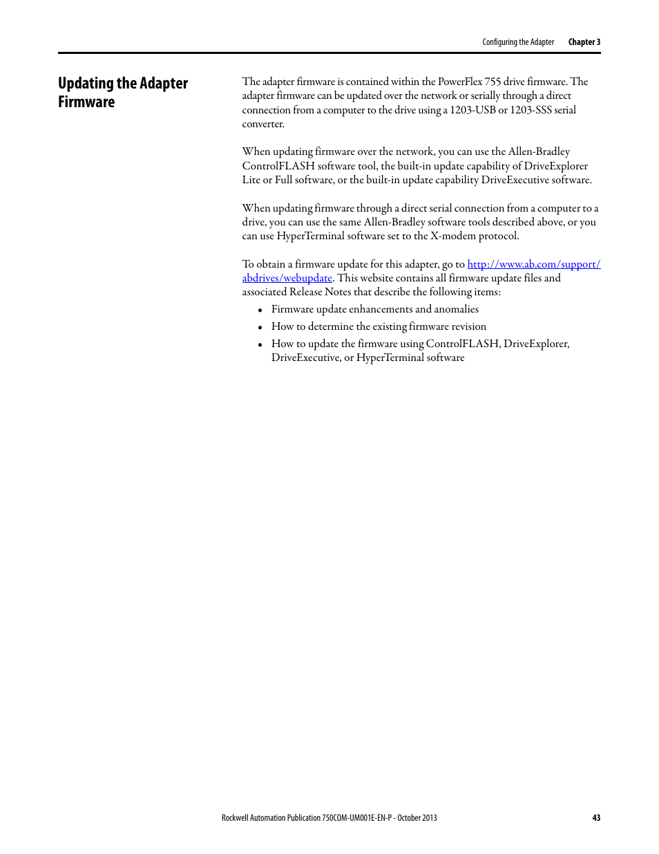 Updating the adapter firmware | Rockwell Automation 20G PowerFlex 755 Drive Embedded EtherNet/IP Adapter User Manual | Page 43 / 190