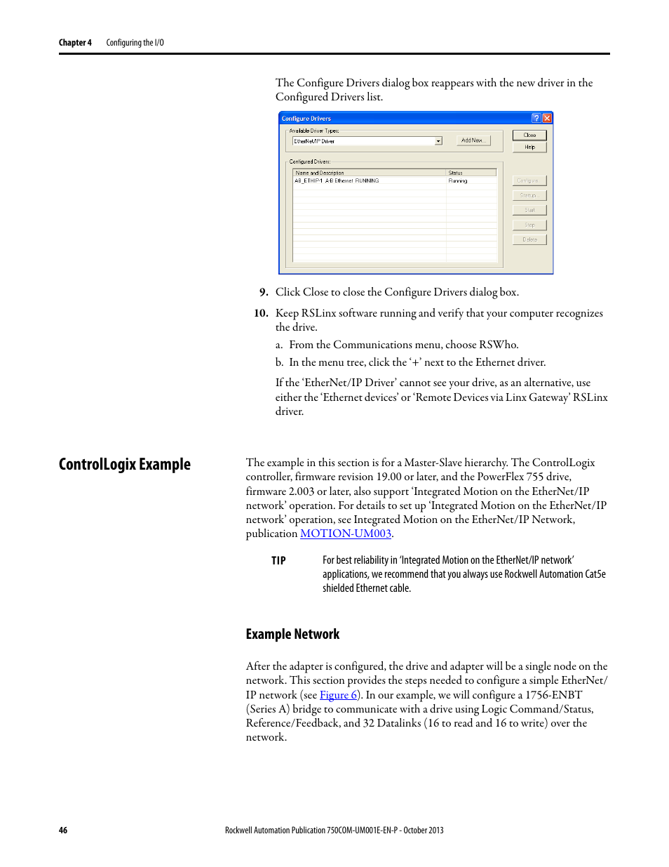 Controllogix example, Example network | Rockwell Automation 20G PowerFlex 755 Drive Embedded EtherNet/IP Adapter User Manual | Page 46 / 190