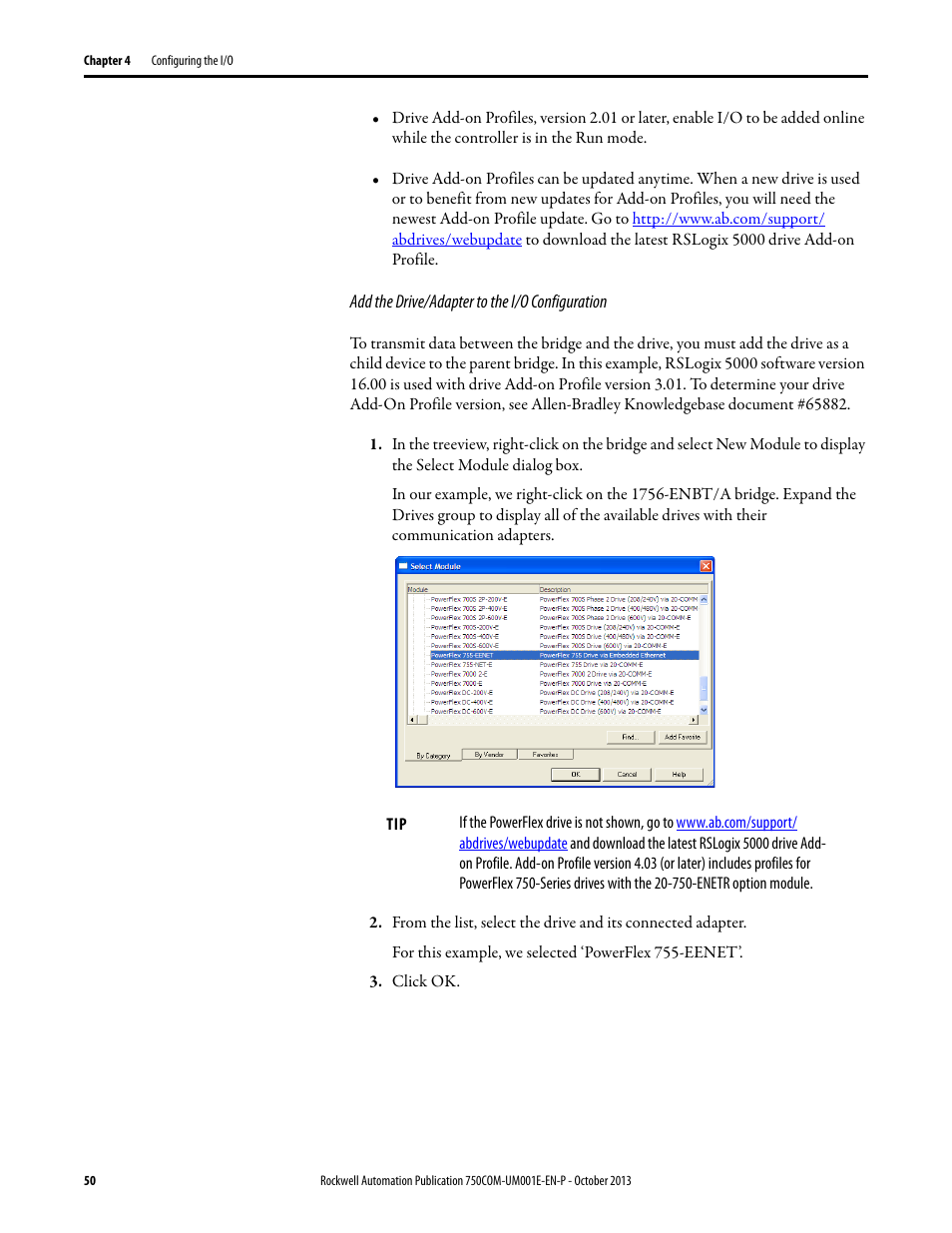 Add the drive/adapter to the i/o configuration | Rockwell Automation 20G PowerFlex 755 Drive Embedded EtherNet/IP Adapter User Manual | Page 50 / 190