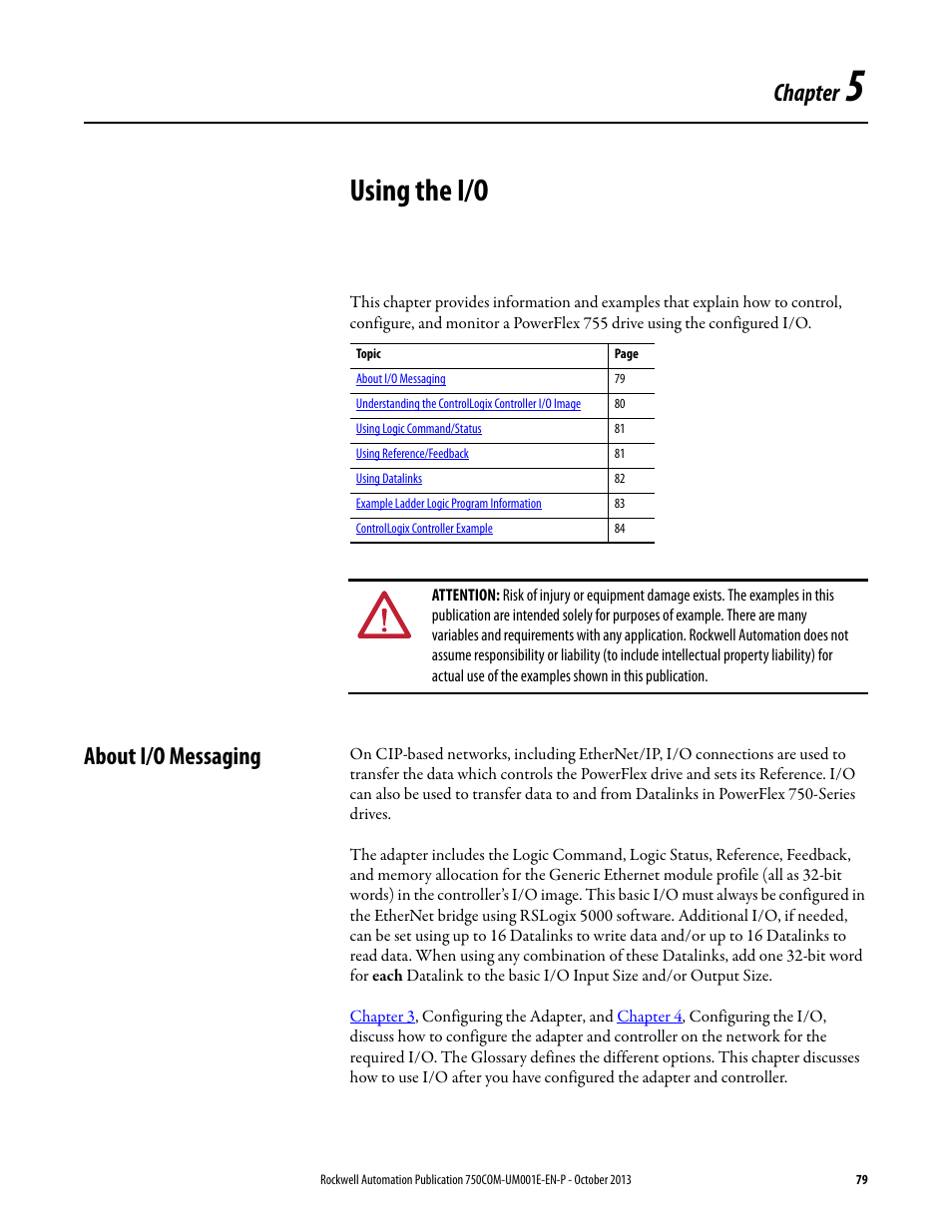 Chapter 5, Using the i/o, About i/o messaging | Rockwell Automation 20G PowerFlex 755 Drive Embedded EtherNet/IP Adapter User Manual | Page 79 / 190