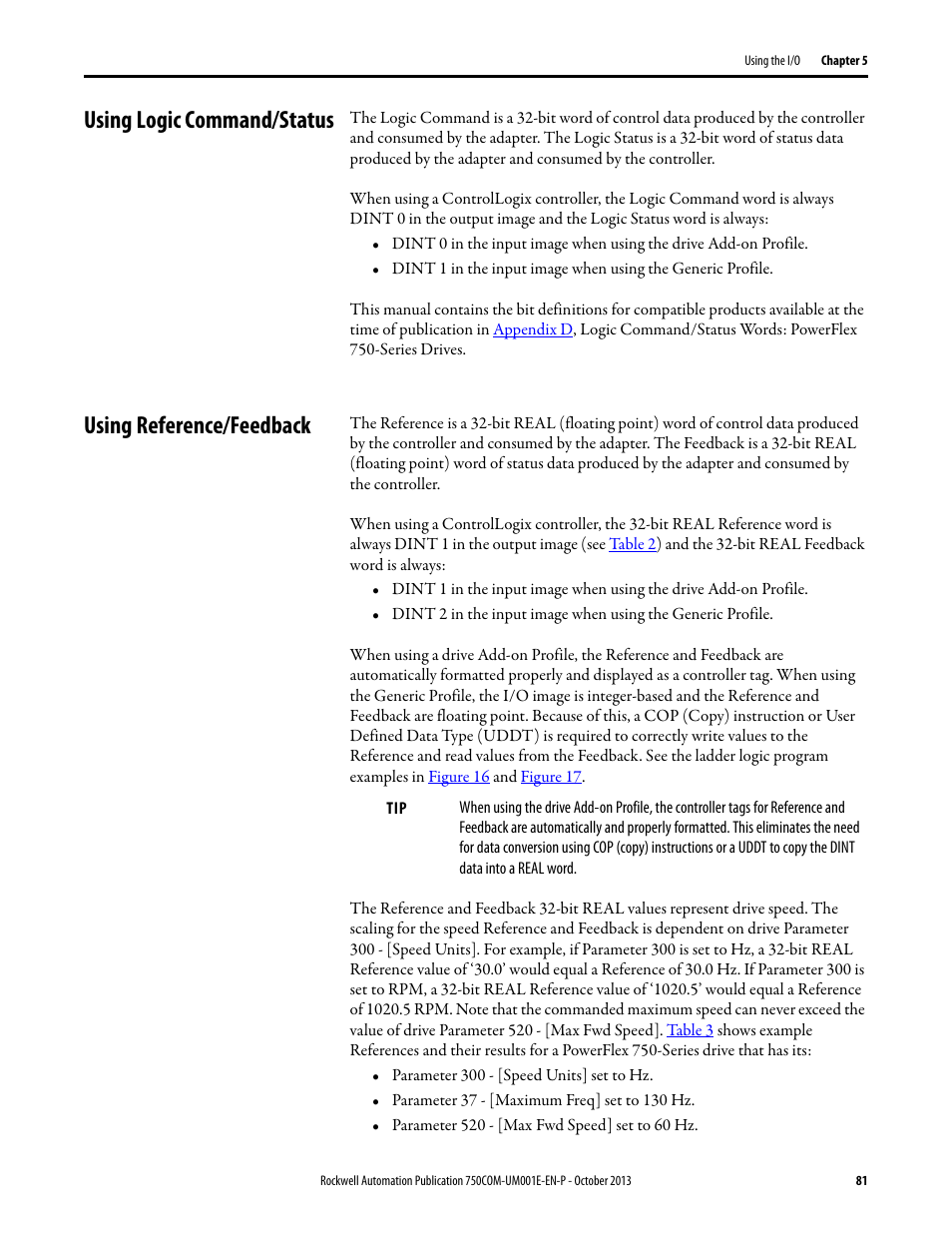 Using logic command/status, Using reference/feedback | Rockwell Automation 20G PowerFlex 755 Drive Embedded EtherNet/IP Adapter User Manual | Page 81 / 190