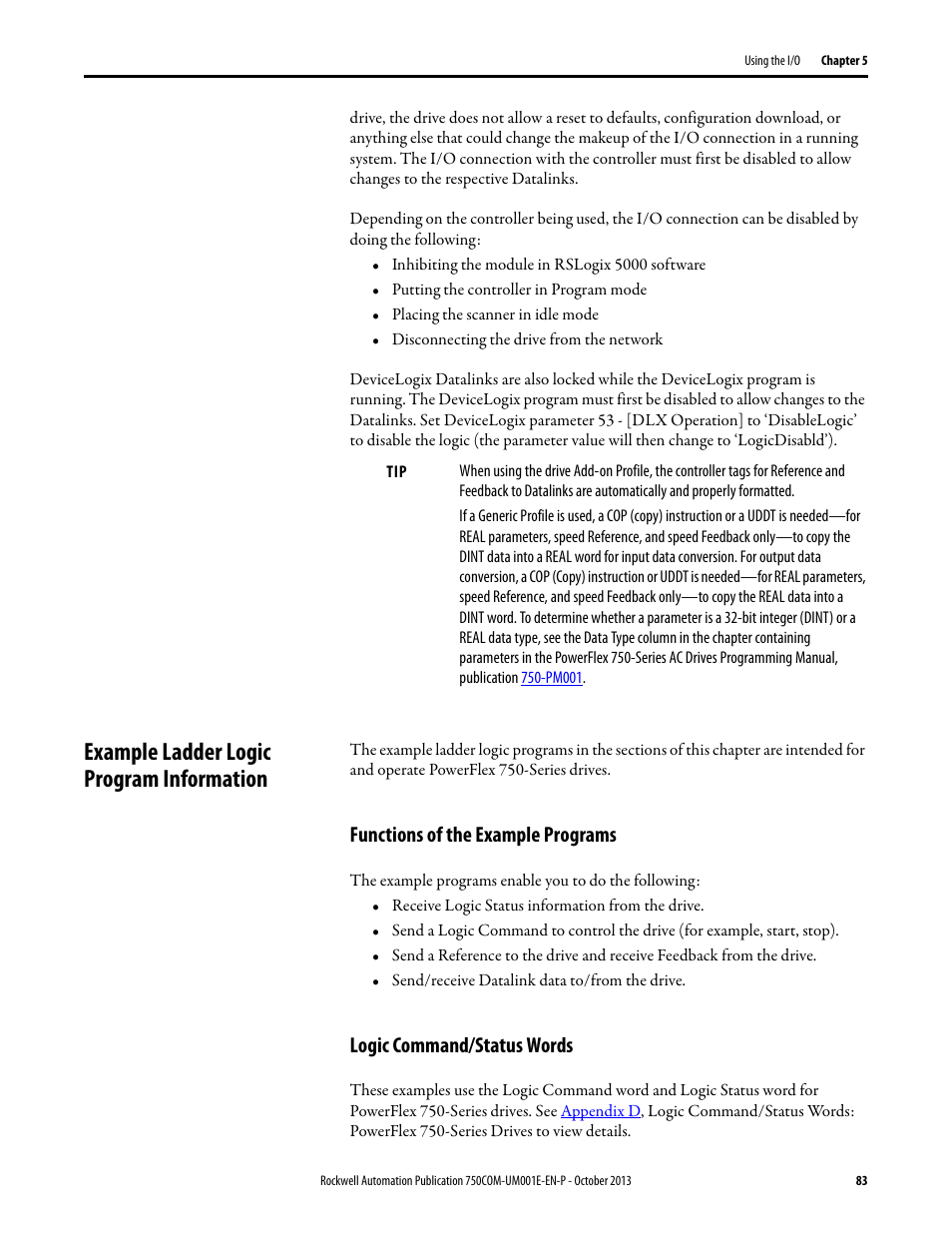 Example ladder logic program information, Functions of the example programs, Logic command/status words | Rockwell Automation 20G PowerFlex 755 Drive Embedded EtherNet/IP Adapter User Manual | Page 83 / 190