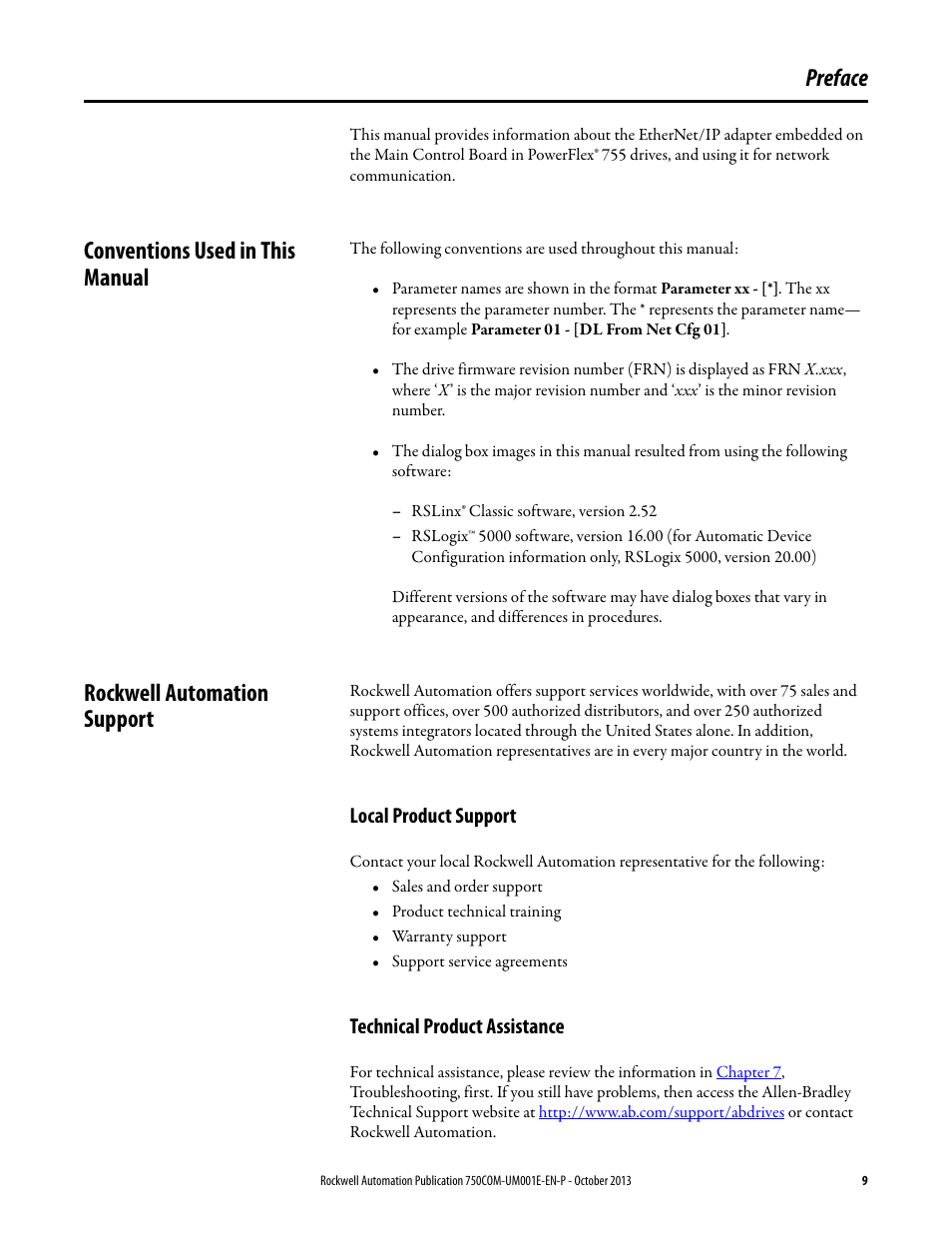 Preface, Conventions used in this manual, Rockwell automation support | Local product support, Technical product assistance | Rockwell Automation 20G PowerFlex 755 Drive Embedded EtherNet/IP Adapter User Manual | Page 9 / 190