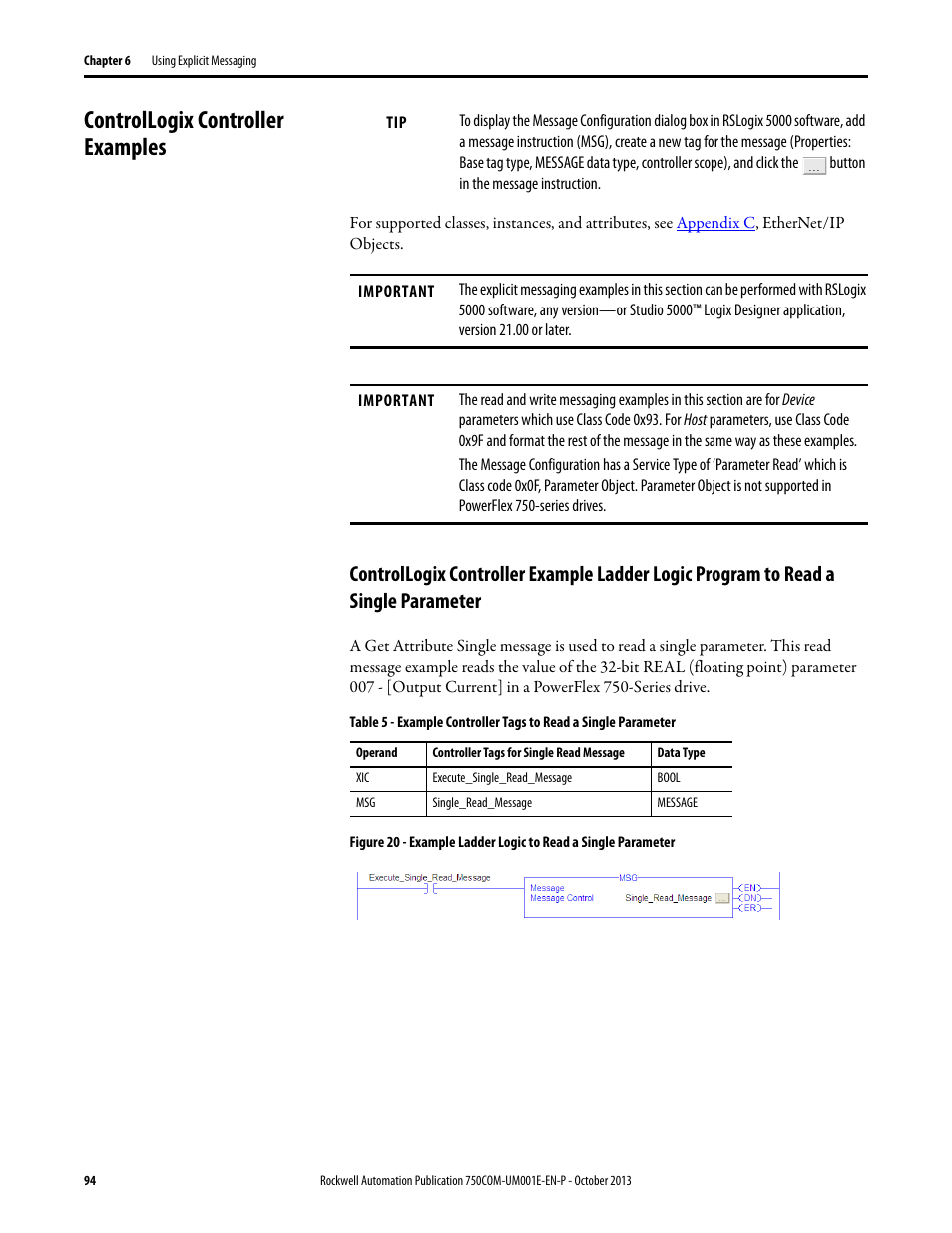 Controllogix controller examples | Rockwell Automation 20G PowerFlex 755 Drive Embedded EtherNet/IP Adapter User Manual | Page 94 / 190