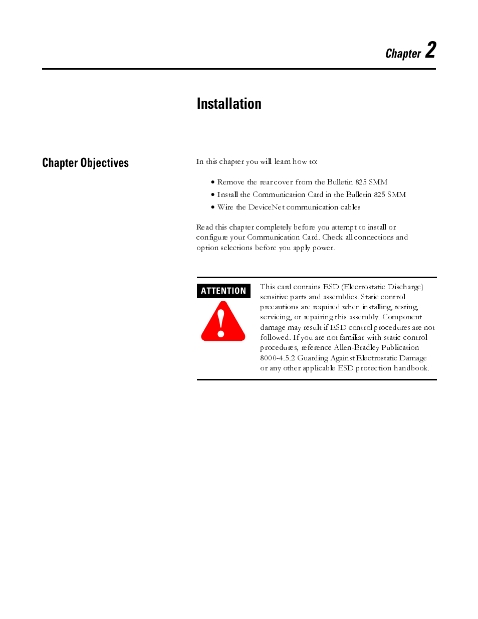 Installation, Chapter objectives | Rockwell Automation 825-MDN Smart Motor Manager DeviceNet Communication Card User Manual User Manual | Page 11 / 70