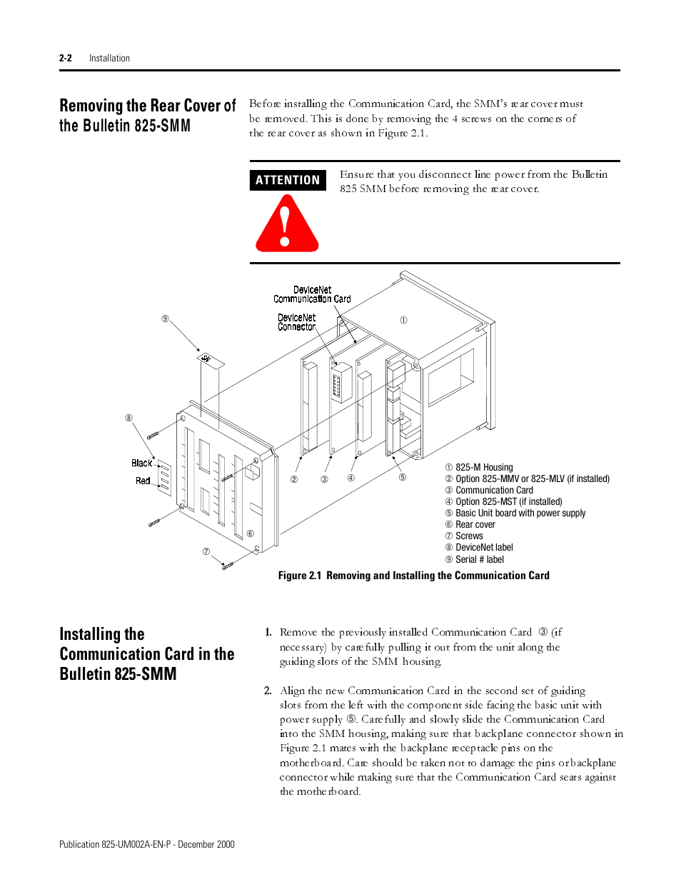 Removing the rear cover of the bulletin 825-smm, Removing the rear cover, Of the bulletin 825-smm | Rockwell Automation 825-MDN Smart Motor Manager DeviceNet Communication Card User Manual User Manual | Page 12 / 70