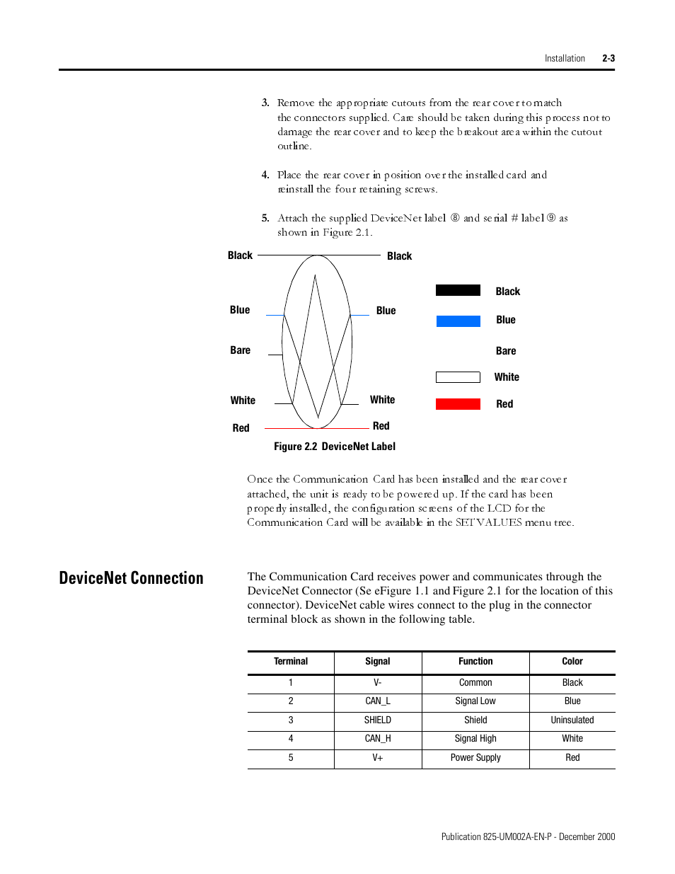 Devicenet connection | Rockwell Automation 825-MDN Smart Motor Manager DeviceNet Communication Card User Manual User Manual | Page 13 / 70