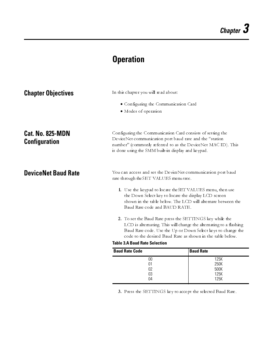 Operation, Chapter objectives, Cat. no. 825-mdn configuration | Devicenet baud rate, Chapter | Rockwell Automation 825-MDN Smart Motor Manager DeviceNet Communication Card User Manual User Manual | Page 15 / 70