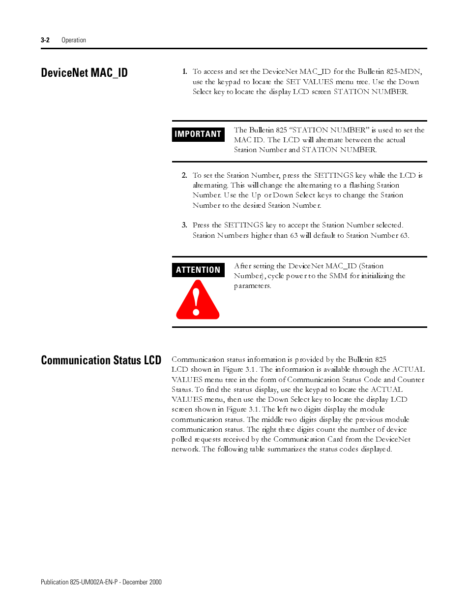 Devicenet mac_id, Communication status lcd | Rockwell Automation 825-MDN Smart Motor Manager DeviceNet Communication Card User Manual User Manual | Page 16 / 70