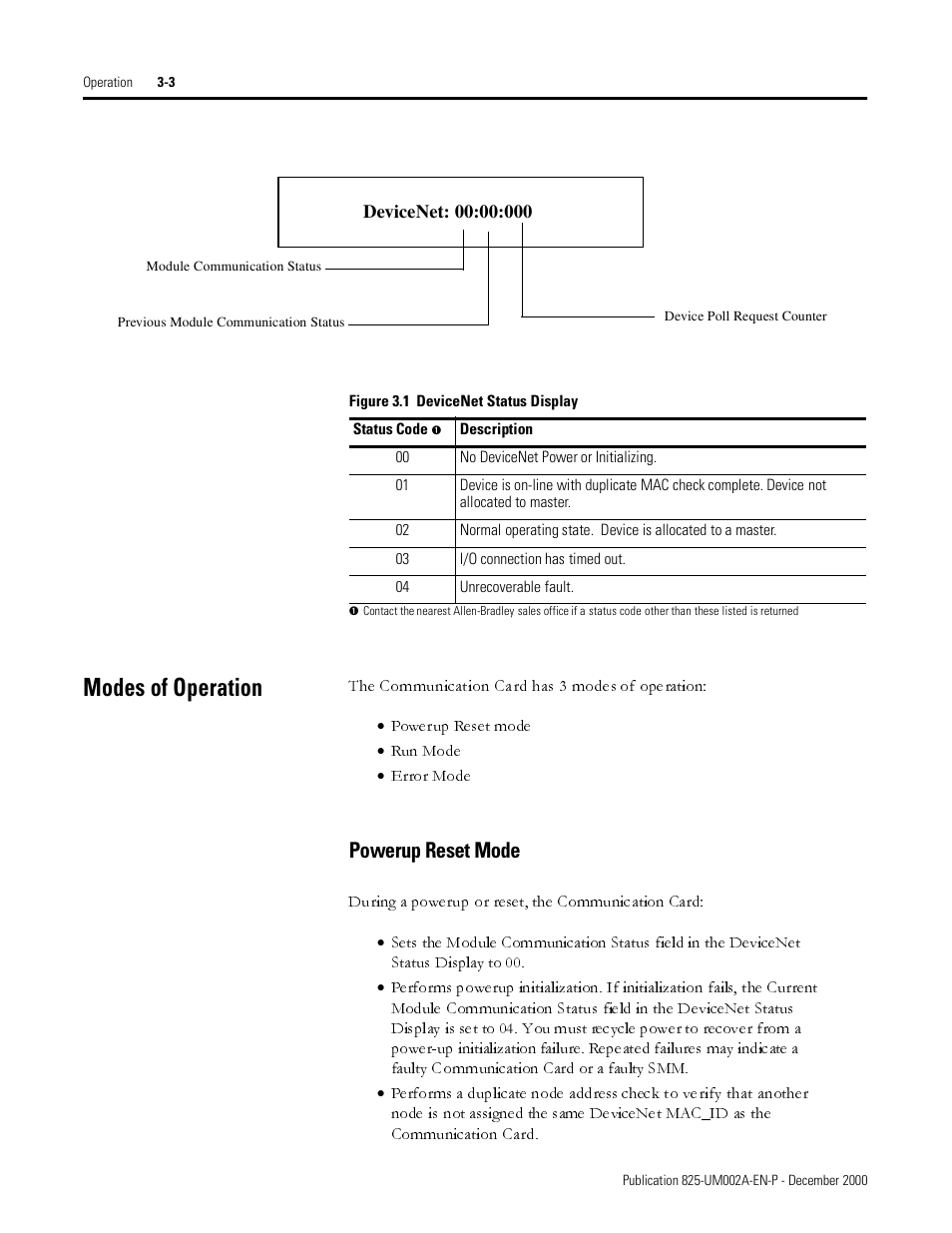 Modes of operation, Powerup reset mode, The communication card has 3 modes of operation | Run mode | Rockwell Automation 825-MDN Smart Motor Manager DeviceNet Communication Card User Manual User Manual | Page 17 / 70
