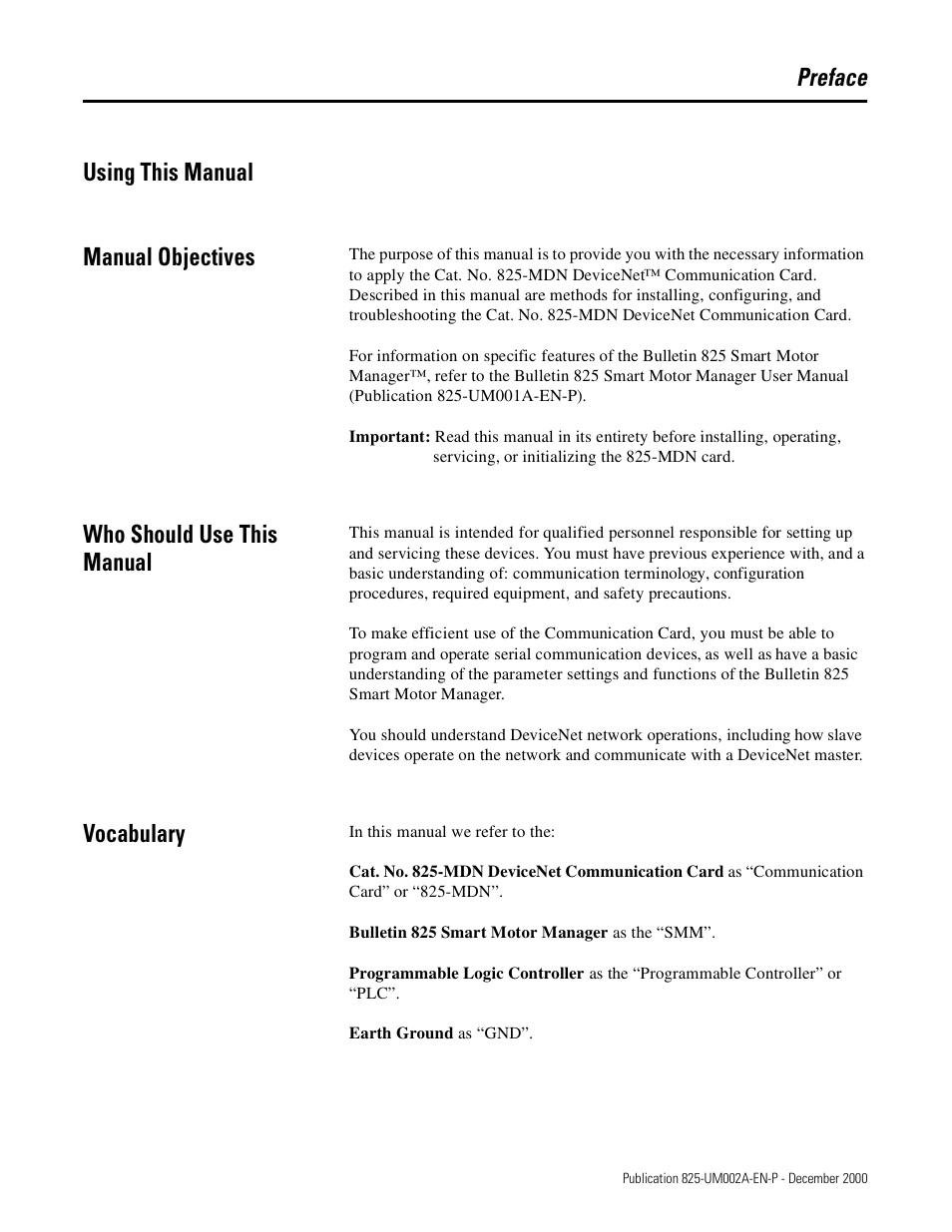 Preface, Manual objectives, Who should use this manual | Vocabulary, Preface using this manual manual objectives | Rockwell Automation 825-MDN Smart Motor Manager DeviceNet Communication Card User Manual User Manual | Page 7 / 70