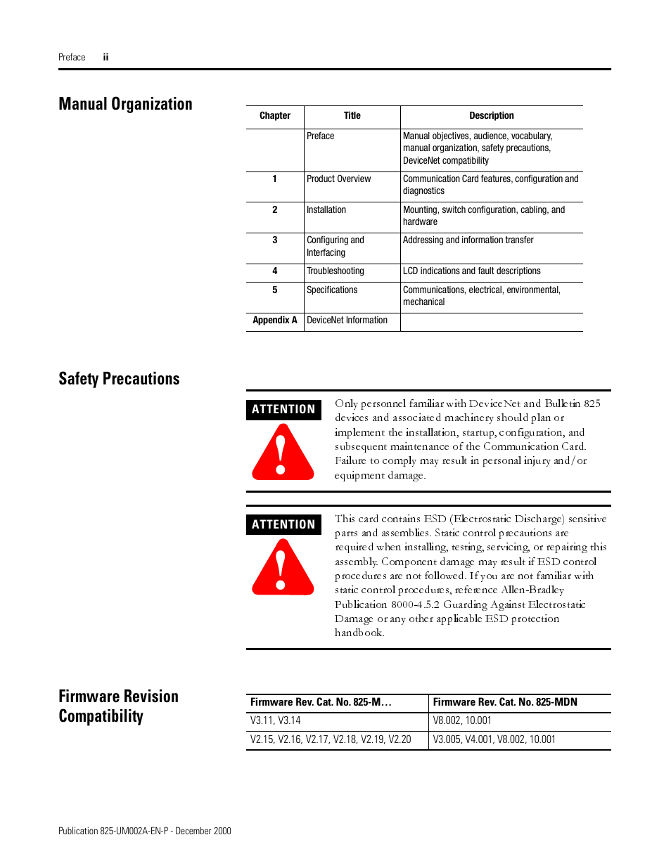 Manual organization, Safety precautions, Firmware revision compatibility | Rockwell Automation 825-MDN Smart Motor Manager DeviceNet Communication Card User Manual User Manual | Page 8 / 70