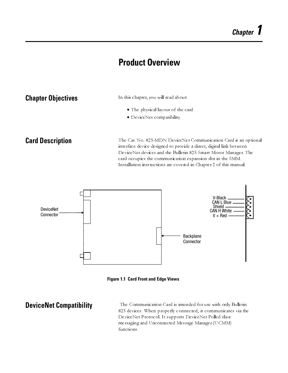 Product overview, Chapter objectives, Card description | Devicenet compatibility, Chapter | Rockwell Automation 825-MDN Smart Motor Manager DeviceNet Communication Card User Manual User Manual | Page 9 / 70