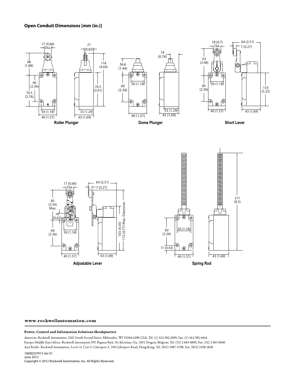 Open conduit dimensions [mm (in.) | Rockwell Automation 802K DIN 50041 IEC/Large Metal Body Standard Limit Switch User Manual | Page 2 / 2