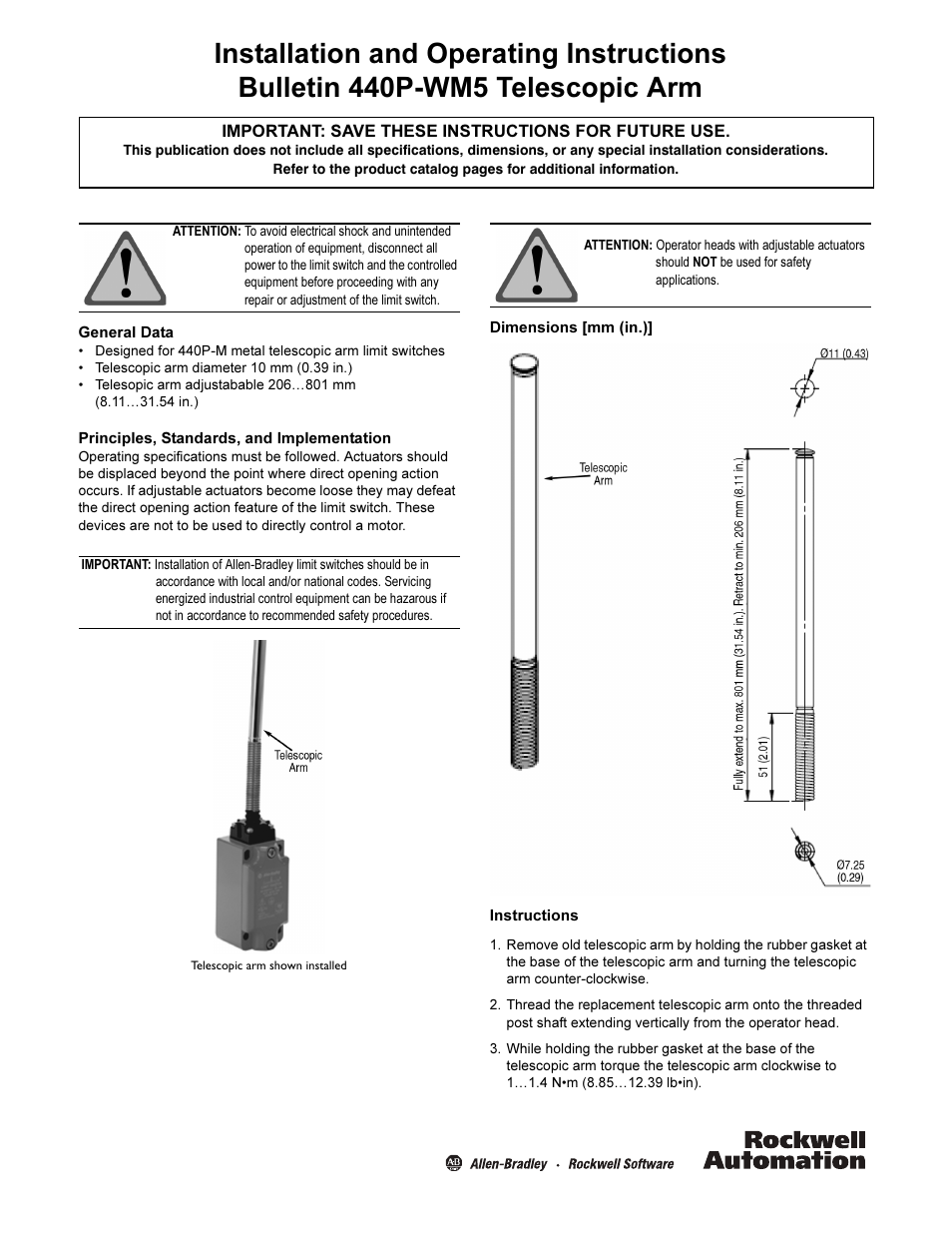 Rockwell Automation 440P-WM5 Telescopic Arm Installation/Operating Instructions User Manual | 2 pages
