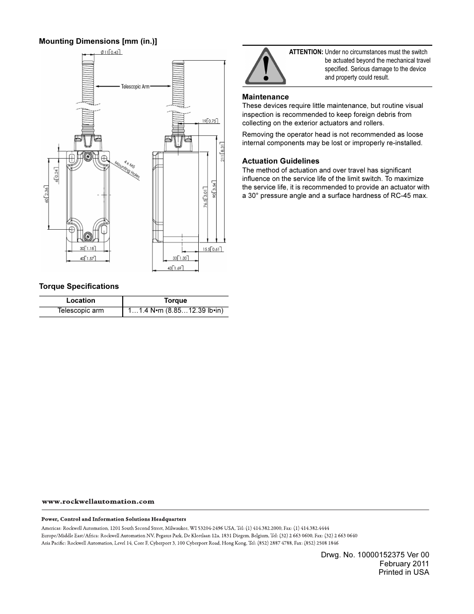 Rockwell Automation 440P-WM5 Telescopic Arm Installation/Operating Instructions User Manual | Page 2 / 2