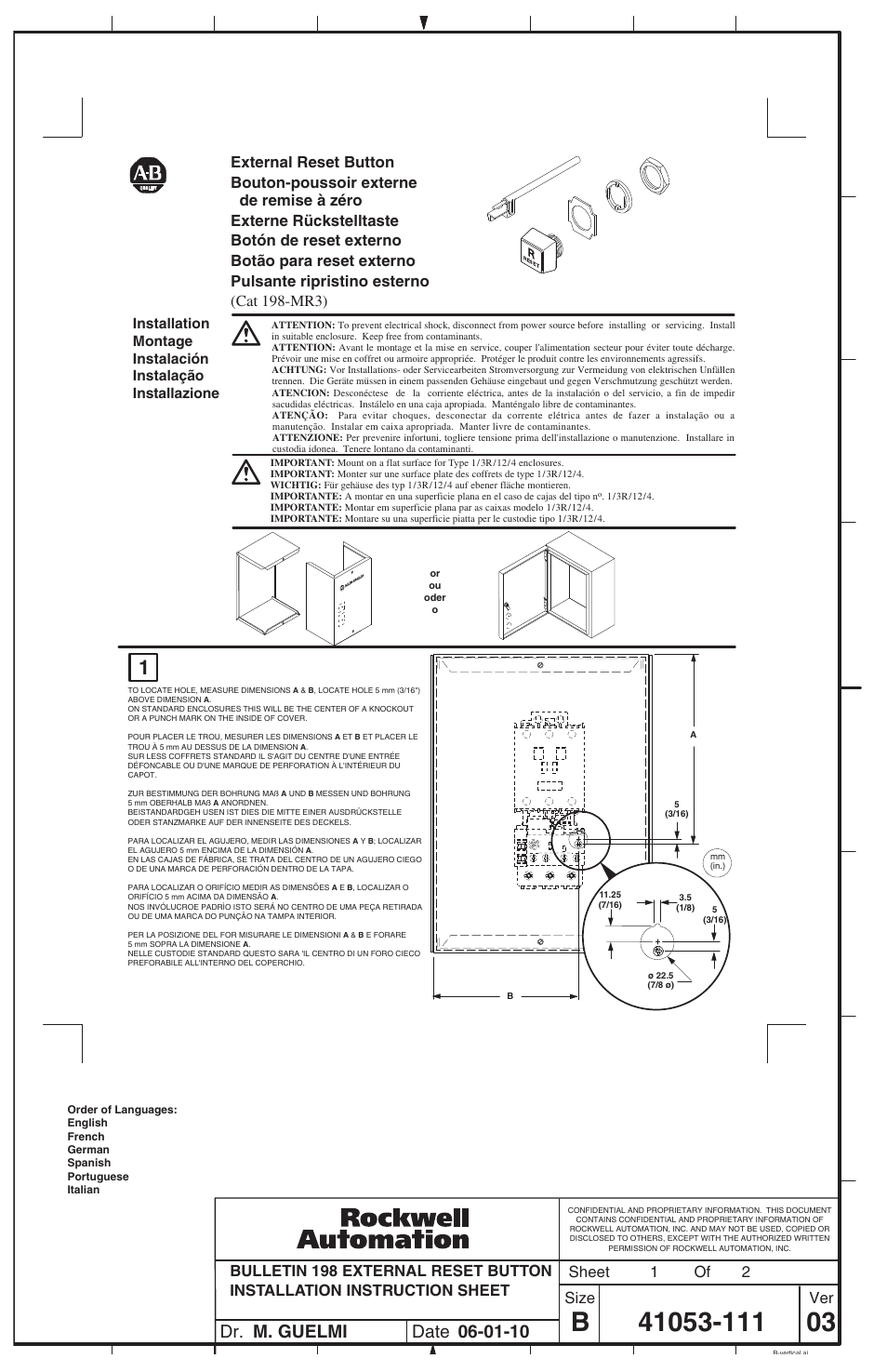 Rockwell Automation 198-MR3 External Reset Button User Manual | 2 pages