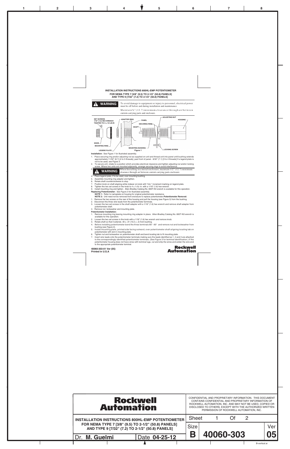 Rockwell Automation 800H Potentiometer User Manual | 2 pages