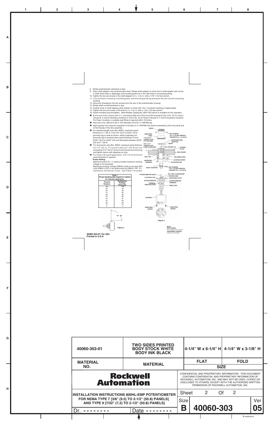 Dr. date, Sheet size ver of 2 2 | Rockwell Automation 800H Potentiometer User Manual | Page 2 / 2