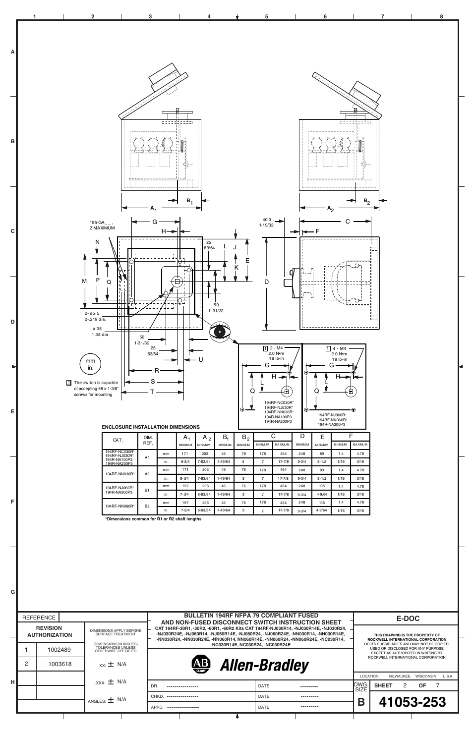 E-doc | Rockwell Automation 194RF-xxxx Front-Operating Disconnect and Handle w/ Interlock Kit User Manual | Page 2 / 6