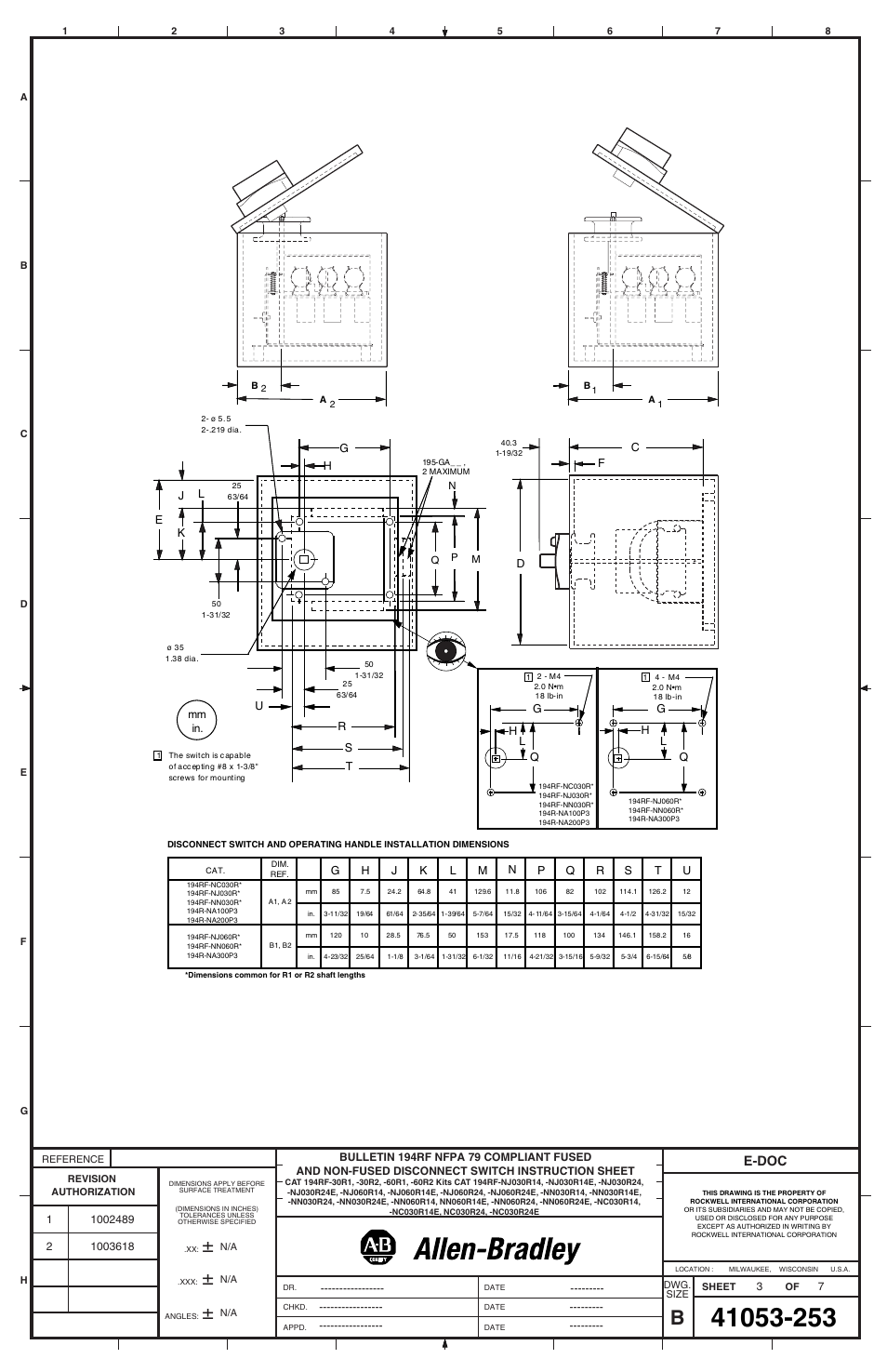 E-doc | Rockwell Automation 194RF-xxxx Front-Operating Disconnect and Handle w/ Interlock Kit User Manual | Page 3 / 6