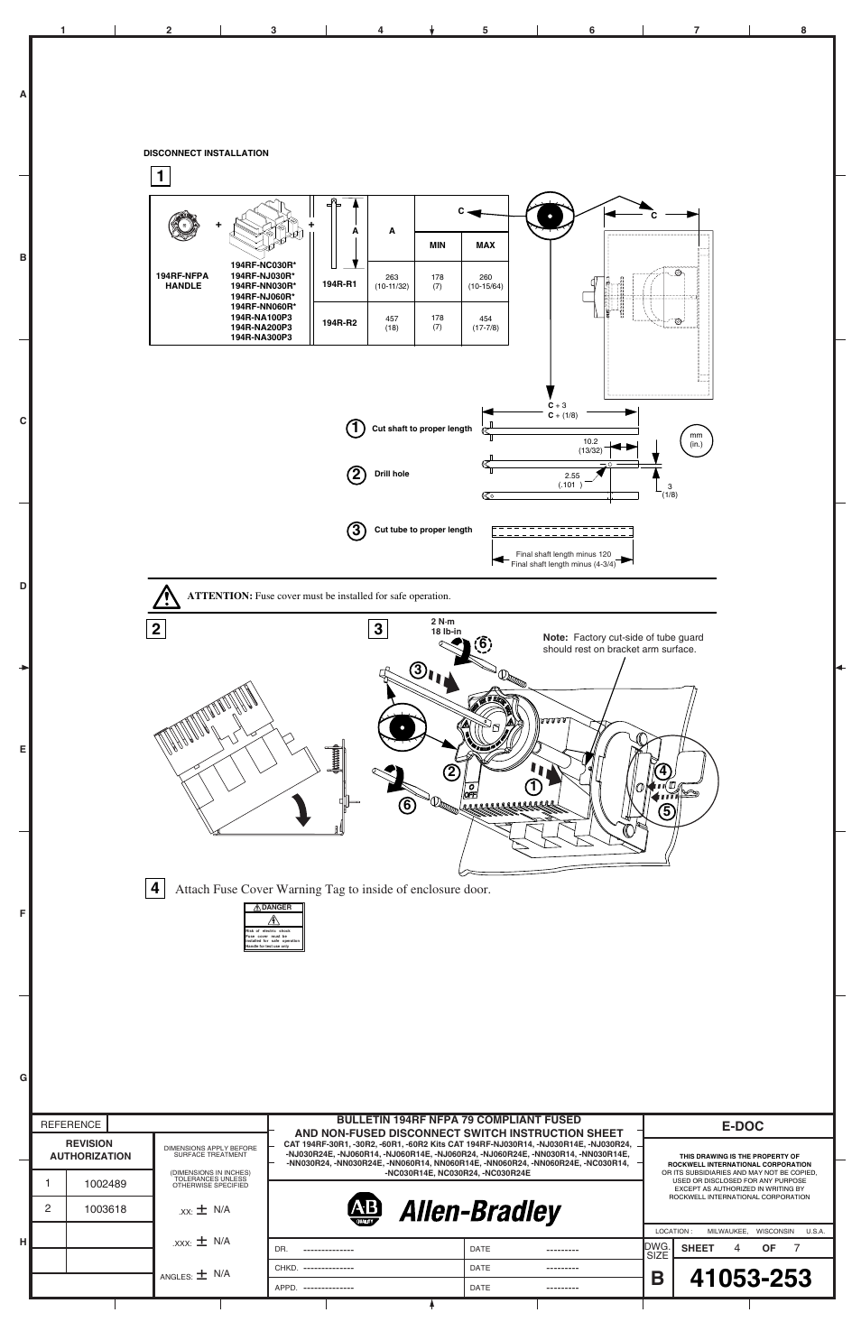 E-doc | Rockwell Automation 194RF-xxxx Front-Operating Disconnect and Handle w/ Interlock Kit User Manual | Page 4 / 6