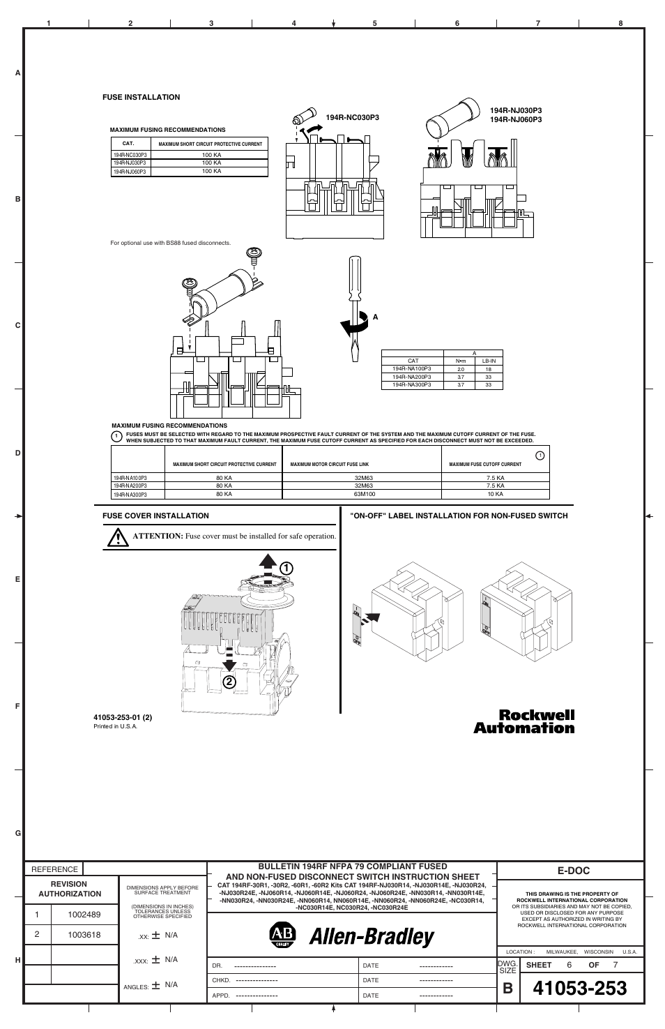 E-doc | Rockwell Automation 194RF-xxxx Front-Operating Disconnect and Handle w/ Interlock Kit User Manual | Page 6 / 6